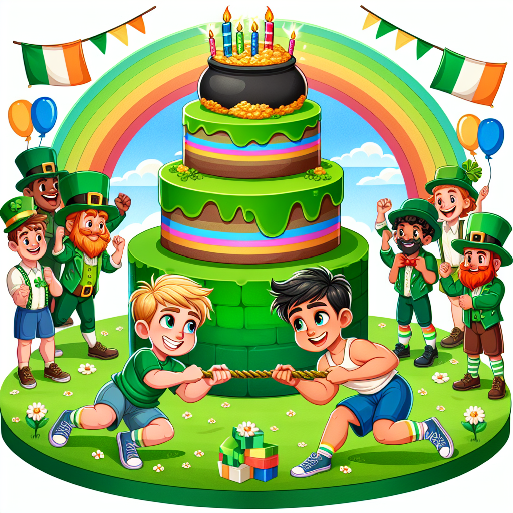Illustrate a heartwarming cartoon set on an island represented as the Emerald Isle. Show the scene of a birthday party for two boys of different descents - one Caucasian and one Hispanic. They are engaged in various athletic activities: one boy pulls at a rainbow in a unique game of tug-of-war, while the other does push-ups with cheering leprechauns in the background. The entire scene is decorated festively with elements of Ireland and birthday decor draped in the tricolors of the Irish flag. At the center of the scene, there is a cake shaped like a pot of gold, symbolizing shared joy and festivities.
Generated with these themes: Ireland , Gym, and Sons.
Made with ❤️ by AI.