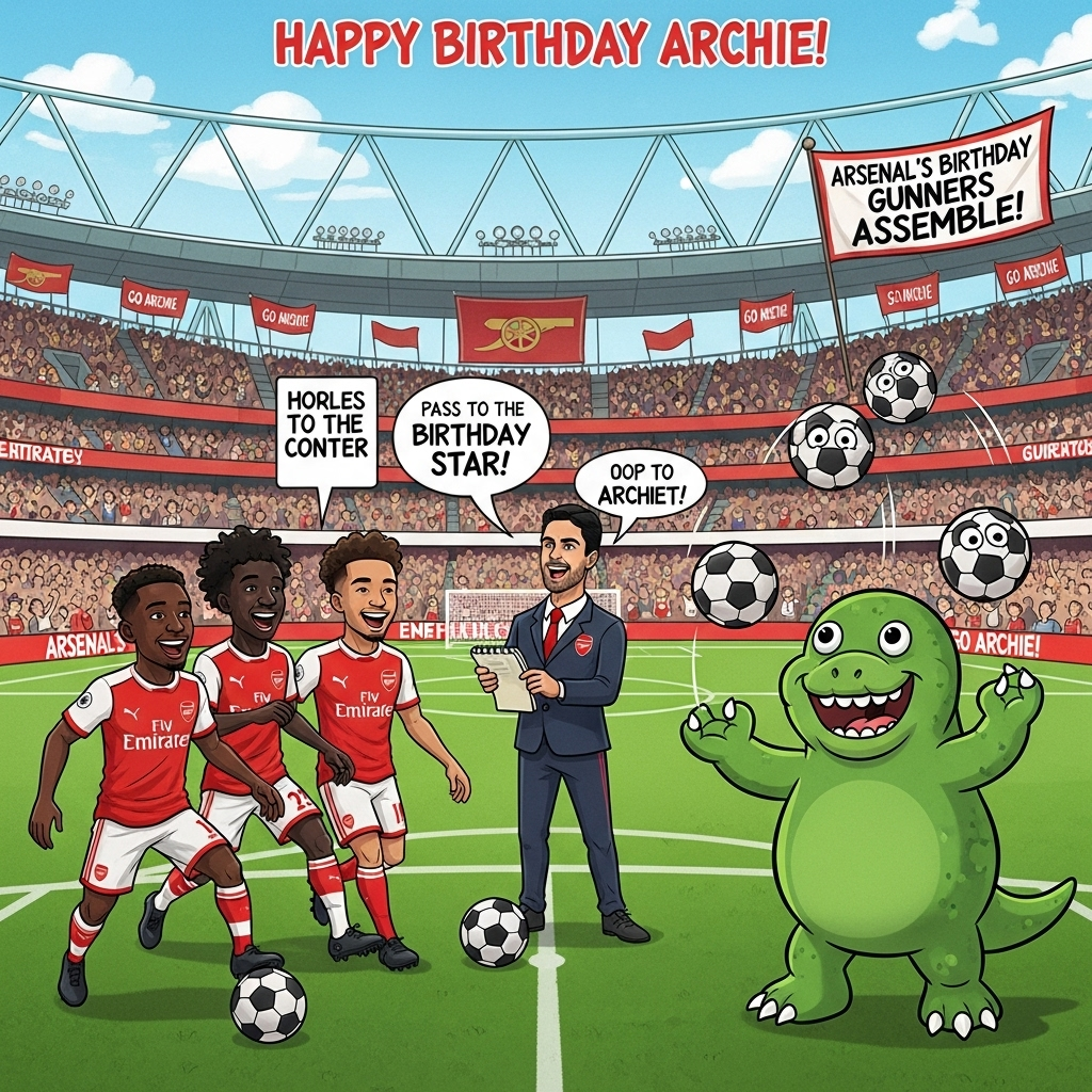 At the top of the Cartoon Style image, "Happy Birthday Archie!"

**Image Description:**

The scene unfolds at the iconic Emirates Stadium, with a whimsical cartoon twist. Bukayo Saka, Thomas Partey, and Declan Rice, drawn with exaggerated features and vibrant Arsenal jerseys, are in the middle of a playful game of football, their expressions filled with exaggerated joy and mischief.

Nearby, Mikel Arteta, with a comically oversized manager's notepad, is enthusiastically shouting out play instructions that are humorously exaggerated in cartoon-style speech bubbles like "Pass to the Birthday Star!" 

Gunnersaurus, the lovable mascot, is juggling footballs with a huge, cheeky grin. Each football features a different expression of surprise and delight as they spin through the air. 

The stadium backdrop is colorful and lively, with cartoonish fans cheering wildly, waving flags and banners that read “Go Archie!”

In the corner, a banner cleverly reads, “Arsenal’s Birthday Gunners Assemble!” adding a touch of cheeky humor to the vibrant birthday scene.
Generated with these themes: Arsenal, Emirates Stadium, Bukayo Saka, Thomas Partey , Mikel Arteta, Declan Rice, Gunnersouras  , and .
Made with ❤️ by AI.