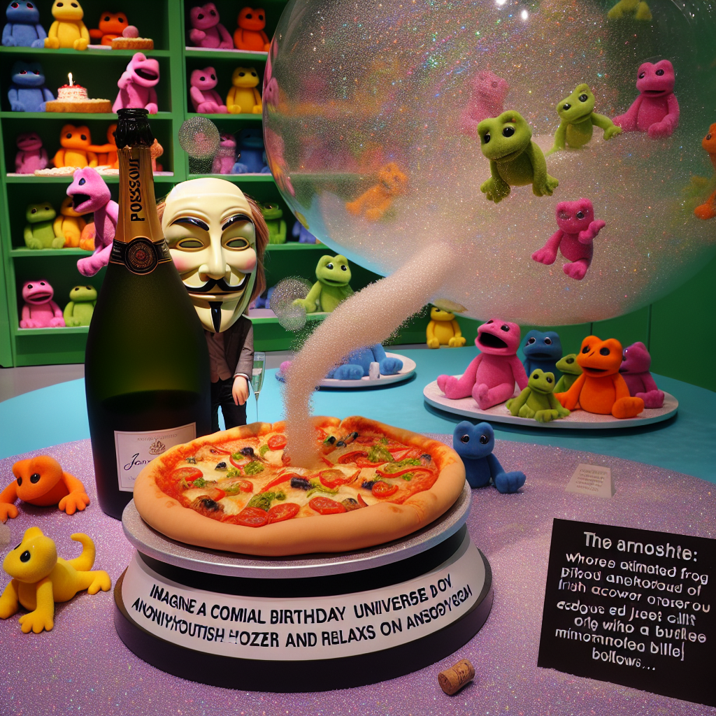 Imagine a comical birthday universe where animated frogs don cartoonish masks of an anonymous Irish actor and relax on soft Jellycat cushions. The atmosphere is scented with the delicious smell of just removed from the oven pizza, displayed in a fun spiral around a huge bottle of prosecco. This bottle from time to time uncorks, causing a burst of glistening bubbles that morph into miniature Jellycat figures as they drift downwards.
Generated with these themes: Paul Mescal, Frogs , Jellycats, Pizza, and Prosecco.
Made with ❤️ by AI.