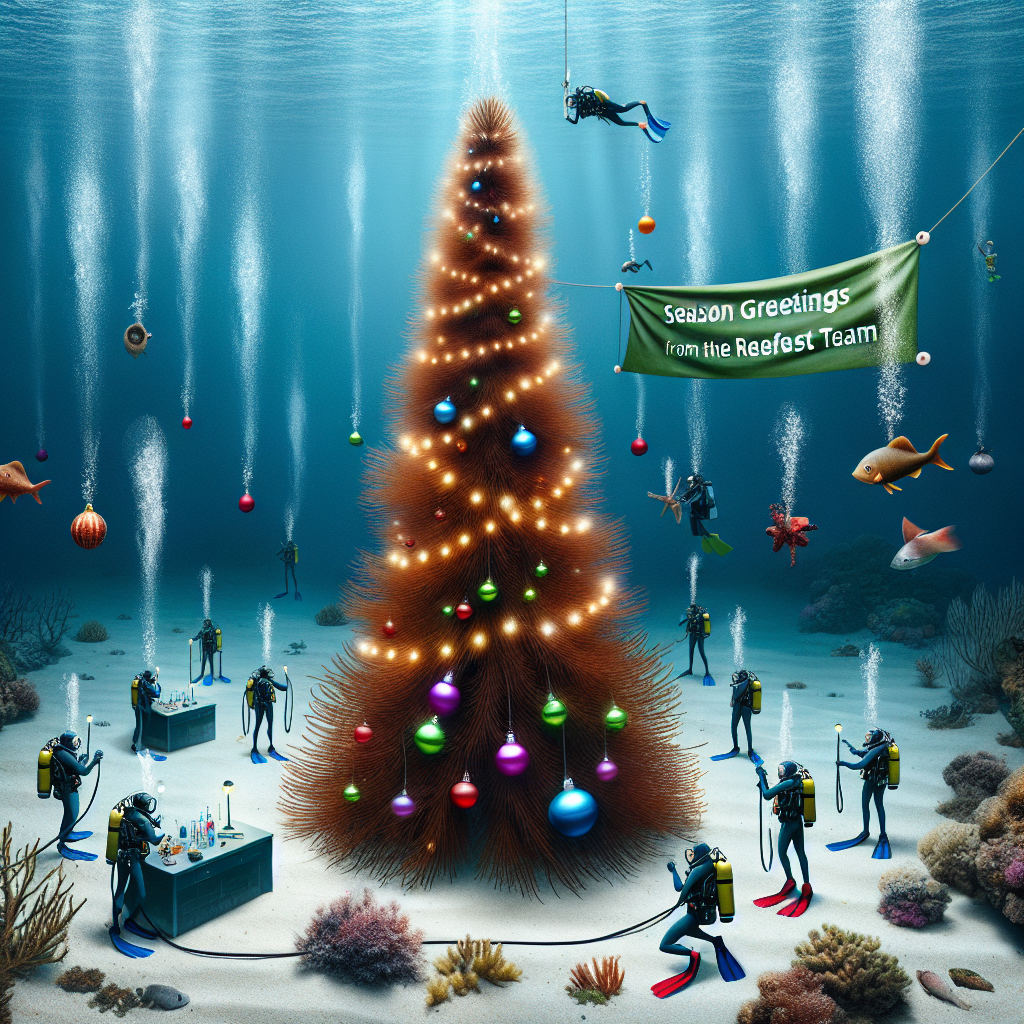 This festive illustration cleverly merges the spirit of Christmas with marine conservation. The brown algae stem stands proudly as a natural Christmas tree amidst the sea floor, adorned with sparkling lights and baubles, capturing the joy of the season under the sea. Interspersed are divers, actively engaged in the conservation of marine life, and a research team in a nearby underwater lab, examining the algae with professional curiosity. Above, a banner bearing the message 'Season Greetings from the REEForest team' waves in harmony with the undercurrents, completing the marine-themed yuletide greeting.
Generated with these themes: Create a Christmas card with the message 'Season Greetings from the REEForest team', Must have a marine life theme. Incorporate brown algae stem as a Christmas tree and some divers that are restoring marine habitat and some researchers in a biology lab studying the algae.
Made with ❤️ by AI.