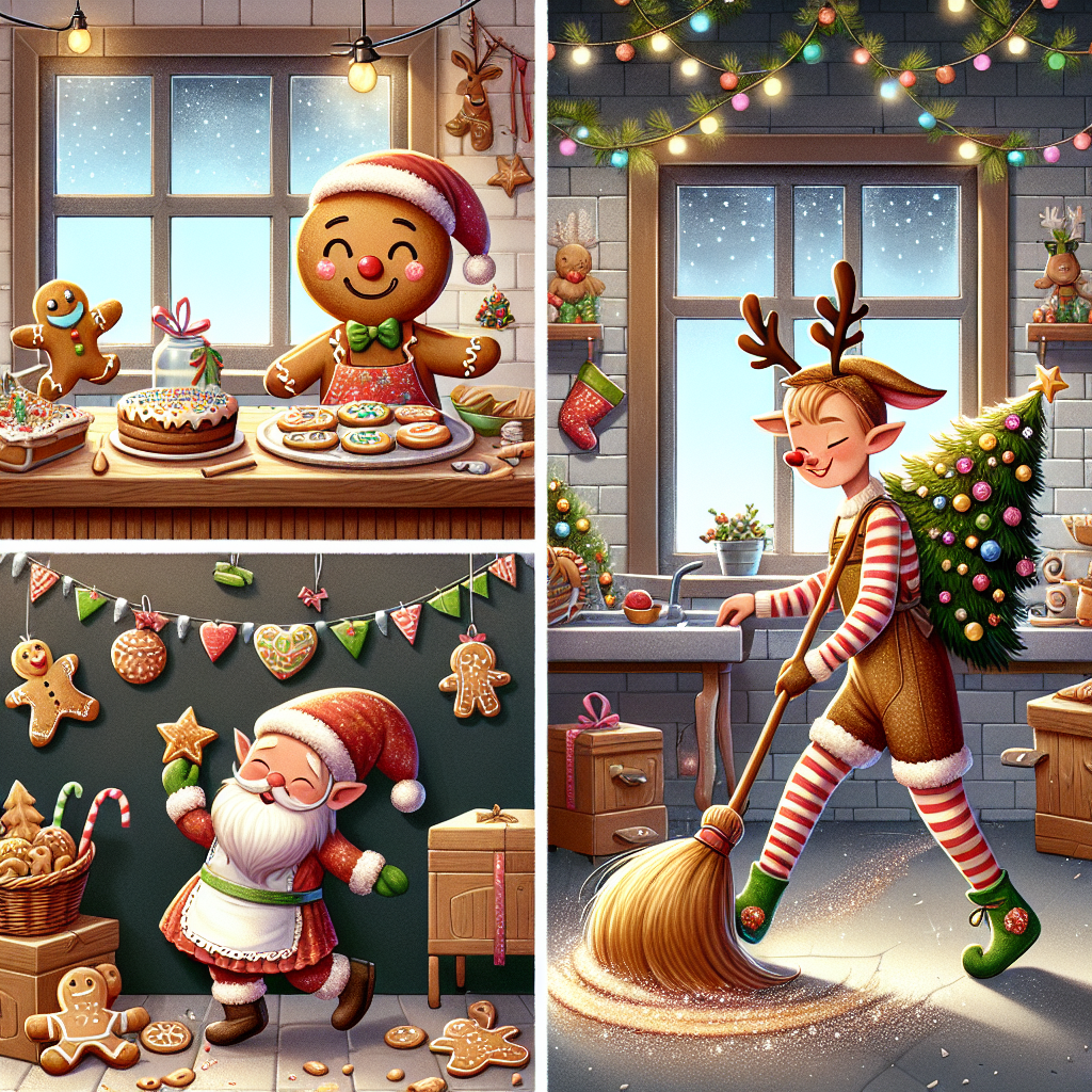 A whimsical Christmas-themed illustration depicts a cozy kitchen scene with three adorable characters engaged in holiday activities. On the left, a gingerbread man joyfully decorates cookies, displaying an array of baked goods, emphasizing the baking element. Meanwhile, a reindeer at the center sweeps the floor with a festive broom, wearing a holiday apron, cleverly incorporating the cleaning theme. On the right, a cheerful elf dashes across the room, entangled in a trail of sparkling tinsel, capturing the essence of running amidst the holiday hustle.
Generated with these themes: Baking , Cleaning , and Running .
Made with ❤️ by AI.