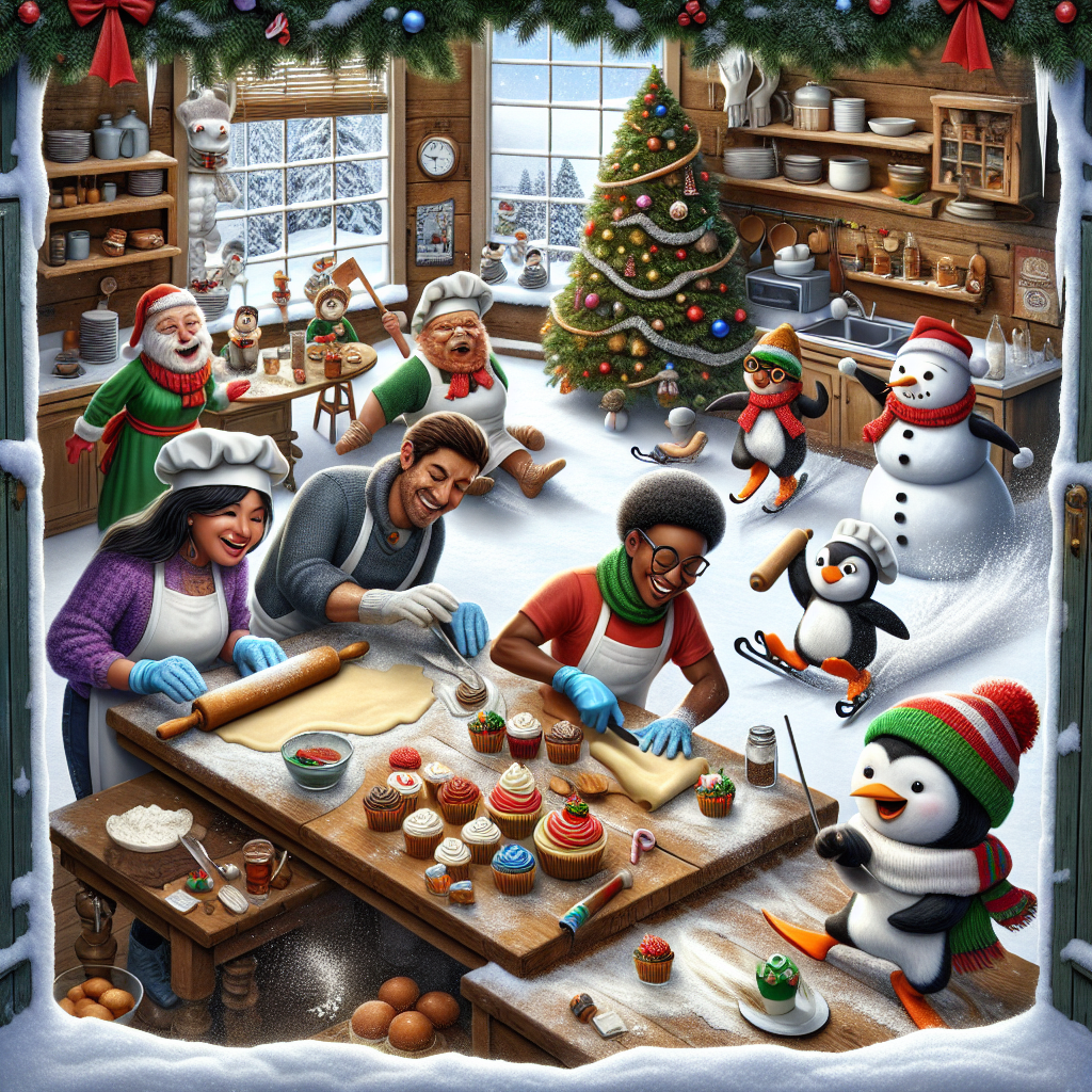 In this heartwarming Christmas illustration, we see a snowy window backdrop with a vintage kitchen. At the forefront, a family of jolly snowmen, each sporting a chef's hat, diligently rolls out dough and decorates cupcakes, highlighting baking as the central theme. Next to them, an animated Christmas tree adorned with gloves and a dustpan tidies up the scattered flour, infusing cleaning into the scenario. A group of penguins in the corner, dressed in holiday scarves, race each other on candy cane skates, injecting an energetic running component into the seasonal tableau.
Generated with these themes: Baking , Cleaning , and Running .
Made with ❤️ by AI.