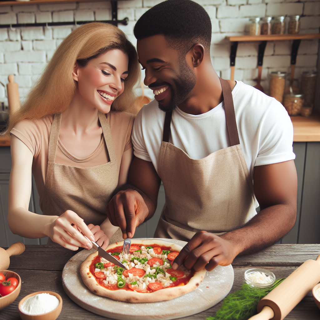 Create an image of a romantic scene featuring a heterosexual couple of Hispanic woman and Black man, celebrating their anniversary together by baking in a quaint kitchen. They are in the middle of garnishing a freshly made pizza with their favorite toppings. Both individuals are joyfully smiling at each other, expressing their shared passion for pizza and the culinary arts.
Generated with these themes: Pizza, and Baking.
Made with ❤️ by AI.