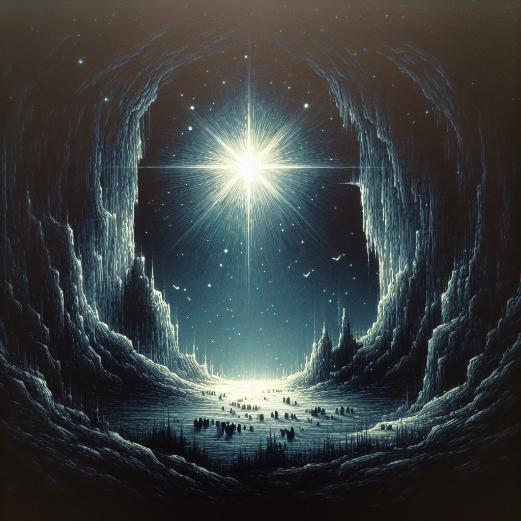 The artwork depicts a silent and holy night with a large, vivid star hanging over a cave, symbolizing Christ's birth. The darkness of the night is softly pierced by an ethereal blue light surrounding the cave's entrance, creating a sense of divine presence in the stillness.
Generated with these themes: christ birthday cave In the still of the night,  big star above, blue light around.
Made with ❤️ by AI.