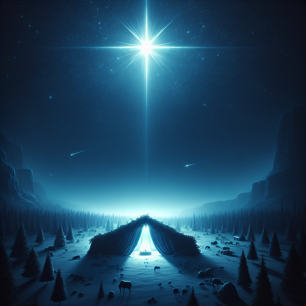 In this solemn Christmas-themed illustration, the birth of Christ is set against the backdrop of a still night. The scene is centered around a secluded cave, gently illuminated by a mysterious blue glow. Above it, a star of great magnitude beams down, creating a contrast with the surrounding darkness.
Generated with these themes: christ birthday cave In the still of the night,  big star above, blue light around.
Made with ❤️ by AI.