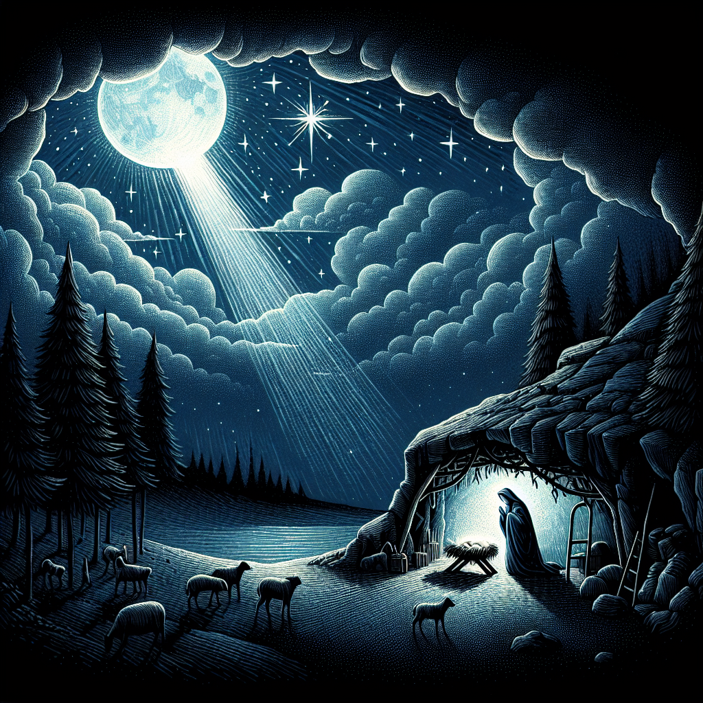 A tranquil, moonlit illustration depicting the nativity scene with Christ's birthday set within a modest cave. Serenity envelopes the night as a radiant blue glow emanates from the cave's entrance. Above, a singular prominent star punctuates the clear, dark sky, casting a celestial light over the scene.
Generated with these themes: christ birthday cave In the still of the night,  big star above, blue light around.
Made with ❤️ by AI.