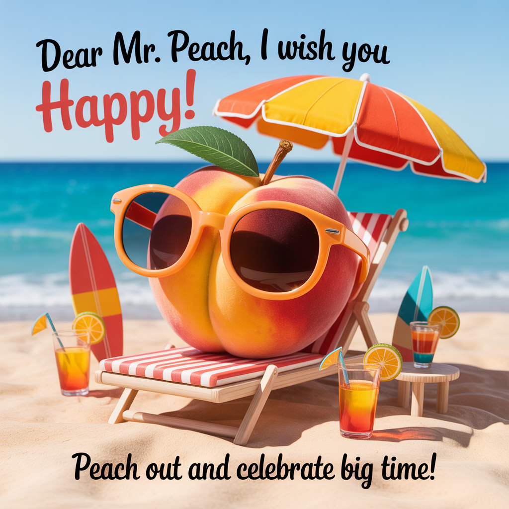 At the top of the image, "Dear Mr. Peach, I wish you happy!" 

- At the bottom of the image, add "Peach out and celebrate big time!"

- Illustrate a photorealistic scene featuring a peach wearing oversized sunglasses, lounging on a sunbed under a bright beach umbrella. The peach is surrounded by tiny, party-themed beach accessories, like mini surfboards and fruity cocktails, all captured in vivid, lifelike detail with the sun casting perfect shadows.
Generated with these themes: Photograph, and .
Made with ❤️ by AI.