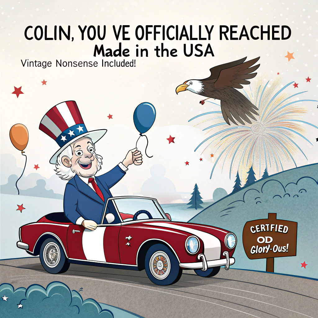 At the top of the image, "Colin, you’ve officially reached ‘Made in the USA’ vintage — export quality nonsense included!"  

– In the center of the image, illustrate a grinning cartoon version of Colin driving a classic red, white, and blue convertible covered in birthday balloons, an oversized Uncle Sam hat crooked on his head. Fireworks burst in the background while a bald eagle flies overhead holding a birthday cake in its talons. A sign on the side of the car reads "Certified Old Glory-ous!" in goofy letters.  
– Add little side details like a hot dog waving a tiny American flag, and a confused Statue of Liberty peeking out of a party hat.
Generated with these themes: Made in the USA.
Made with ❤️ by AI.