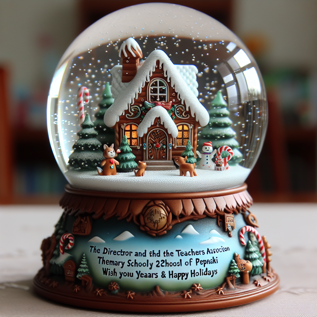 A serene snow globe illustration containing a quaint gingerbread house with candy cane features, set against the backdrop of a forest in 'Λαπωνία.' Friendly woodland creatures gather around as sparkling snow gently falls. The globe rests on a base where the festive greeting 'Ο Διευθυντής και ο Σύλλογος Διδασκόντων του 2ου Δημοτικού Σχολείου Πεύκων σας εύχονται Χρόνια πολλά & Καλές γιορτές' swirls around, adding a special touch to this holiday keepsake.
Generated with these themes: Λαπωνία.
Made with ❤️ by AI.