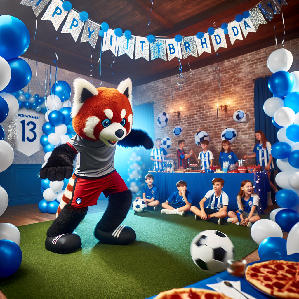 Capture an animated scene of a festive 13th birthday party spirited with the unique theme of a red panda engaging in a soccer game. The setting is amped up with blue and white balloons and streamers, representing a popular soccer team, set against the walls. Taking the limelight is an endearing red panda mascot, adeptly maneuvering a soccer ball with its skilled paws, captivating the onlooking children. Parcels of joyous laughter permeate the atmosphere as guests relish in slices of mouth-watering pizza, complementing the lively, soccer-oriented celebration.
Generated with these themes: 13th Birthday, Red panda playing soccer, Napoli , and Pizza.
Made with ❤️ by AI.