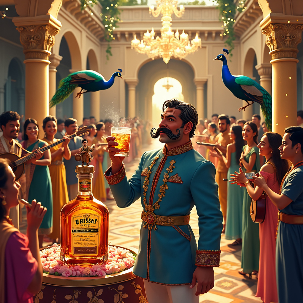 In the vibrant, bustling courtyard of a magnificent Indian palace, the 45th birthday bash of a lively character named Raj is in full swing. The scene is filled with an array of colors and intricate patterns reminiscent of an Indian festival, blended seamlessly with elements of luxury. Raj, a charismatic man with a thick, curled mustache and adorned in a resplendent traditional Indian sherwani, stands at the center of the scene. His sherwani is an opulent shade of royal blue with golden embroidery, reflecting the flickering light from the grand chandelier overhead.

In his hand, Raj holds a crystal glass filled with amber-colored Scotch whiskey, the liquid glowing warmly in the light, hinting at the rich, smoky flavor. Around him, a diverse group of friends and family are gathered, dressed in a mix of contemporary and traditional Indian attire, creating a kaleidoscope of colors.

To the left, there's a whimsical, oversized birthday cake shaped like a bottle of Scotch whiskey, complete with a decorative label that reads "Raj's 45-Year-Old Single Malt." The cake is detailed with icing that mimics the textures and colors of a whiskey bottle, and atop it sits a miniature figurine of Raj, holding a tiny glass of whiskey and grinning broadly.

Adjacent to the cake, a traditional Indian band is playing lively tunes on sitars, tablas, and flutes, their instruments intricately decorated with floral patterns. The band members are caricatures with exaggerated expressions, adding a humorous touch to the scene.

In the background, there's a luxurious bar setup under a beautifully decorated marquee, with shimmering fairy lights intertwined around it. The bar is stocked with various bottles of premium Scotch whiskey, each bottle with a unique and artistic label. Above the bar, a banner strung between two tall, ornate pillars reads "Cheers to 45 Years, Raj!" in bold, festive lettering.

At the far end of the courtyard, peacocks with their vibrant plumage are perched on the railings, looking almost as if they are guests at the party. In one corner, a life-sized cutout of Raj in a classic Bollywood dance pose adds a playful element, inviting guests to take photos.

Scattered throughout the scene are quirky, humorous touches – a cow wearing sunglasses sipping from a whiskey glass, a monkey in a turban serving drinks, and a group of guests attempting (and hilariously failing) traditional dance moves, their expressions captured in mid-laughter.

The scene is detailed and dynamic, filled with elements that tell the story of a luxurious, over-the-top, and utterly delightful 45th birthday party blending Indian cultural richness with the sophisticated charm of Scotch whiskey, capturing the essence of celebration and humor.
Generated with these themes: Scotch whiskey ,45th birthday luxurious  big party with Indian background.
Made with ❤️ by AI.