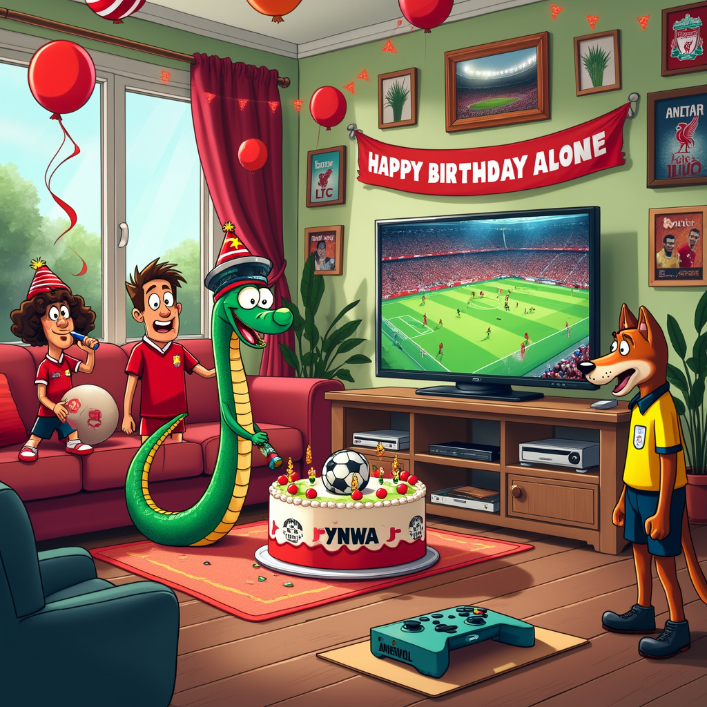 The scene opens in a vibrant, bustling living room filled with birthday decorations that scream Liverpool FC pride—red and white streamers cascade from the ceiling, and a "YNWA" (You'll Never Walk Alone) banner stretches across the room. The center of attention is a lively group of cartoon characters, each with unique quirks. 

In the foreground, a cartoon snake, wearing a Liverpool FC scarf and a tiny football helmet, is coiled around a brightly wrapped present shaped like an Xbox console. The snake's eyes are wide with excitement, and its tongue flicks out in anticipation.

To the left, a jovial character in a Liverpool FC jersey is blowing a party horn. He’s standing next to a large birthday cake that has an Xbox controller made of icing on the top. The cake itself is red and white, decorated with miniature footballs and Liverpool FC logos.

On the right side, a mischievous-looking cat in a referee uniform is perched on a football, ready to "kick off" the party. The cat has a whistle around its neck and a stern expression, as if it’s about to call a foul on anyone not having fun.

In the background, the walls are adorned with framed posters of famous Liverpool FC moments, mixed with posters of popular Xbox games, creating a collage of football and gaming memorabilia. 

A large television in the corner shows a paused screen of a football video game, with the Liverpool FC team ready to score. A controller is lying on the floor, just inches away from the paws of a dog wearing a Liverpool FC bandana, who seems more interested in the cake than the game.

Finally, a brightly colored birthday card stands open on a side table, with an image of Liverpool’s Anfield Stadium on the front and the words, "Happy Birthday, you'll never game alone!" in bold, playful letters.

The scene is a delightful mix of football, gaming, and birthday cheer, each element cleverly intertwined to create a lively, detailed, and humorous tableau perfect for a birthday greeting card.
Generated with these themes: Liverpool fc, Snake, Football, and Xbox.
Made with ❤️ by AI.