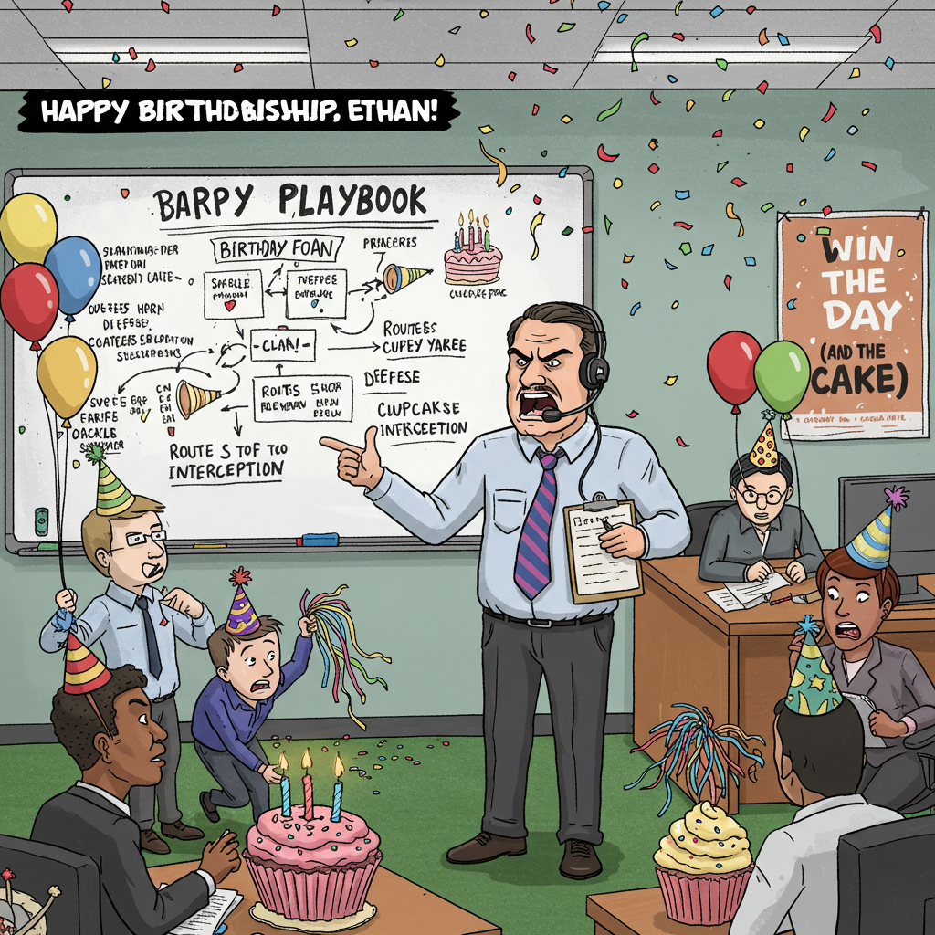 At the top of the illustration image, *Happy Birthday, Ethan — Your Leadership is Un-coach-able!*

An illustrated office scene where Ethan, dressed as a dramatic football coach with a headset and clipboard, is giving an intense birthday "pep talk" to a confused-looking team of employees wearing party hats and holding balloons. Behind Ethan is a whiteboard with an overly complicated "birthday playbook" featuring routes to the cake, party horn defense strategy, and a cupcake interception drill. One teammate fumbles a giant cupcake while another is doing jumping jacks with streamers. Confetti flies through the air like victory sparkles. A motivational poster on the wall reads: “Win the Day (and the Cake).”
Generated with these themes: Birthday, Coach, and Boss.
Made with ❤️ by AI.