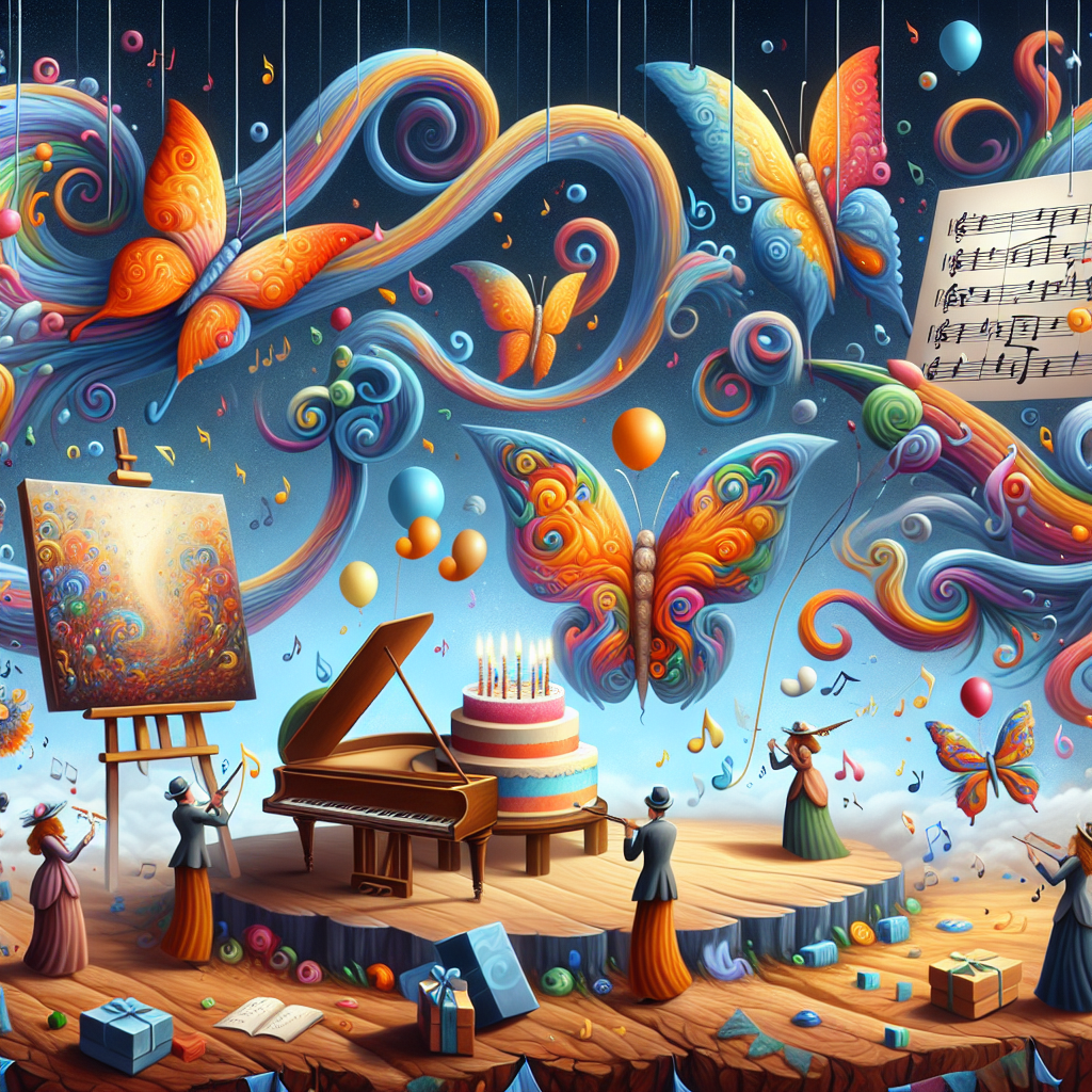 Create an accessible Surreal Illustration showcasing a whimsical birthday scene where the objects in the painting seem vivacious. Canvases flutter around in the shape of butterflies with each canvas exhibiting bright, twirling hues that combine into the form of music notes. The backdrop is filled with levitating islands, one of which accommodates a magnificent piano with a birthday cake on the stage. Musical staff lines are entwined with party streamers, and notes sprout as flowers around attendees who are garbed in attire reminiscent of internationally-renowned painters from before 1912.
Generated with these themes: Art, and Music.
Made with ❤️ by AI.