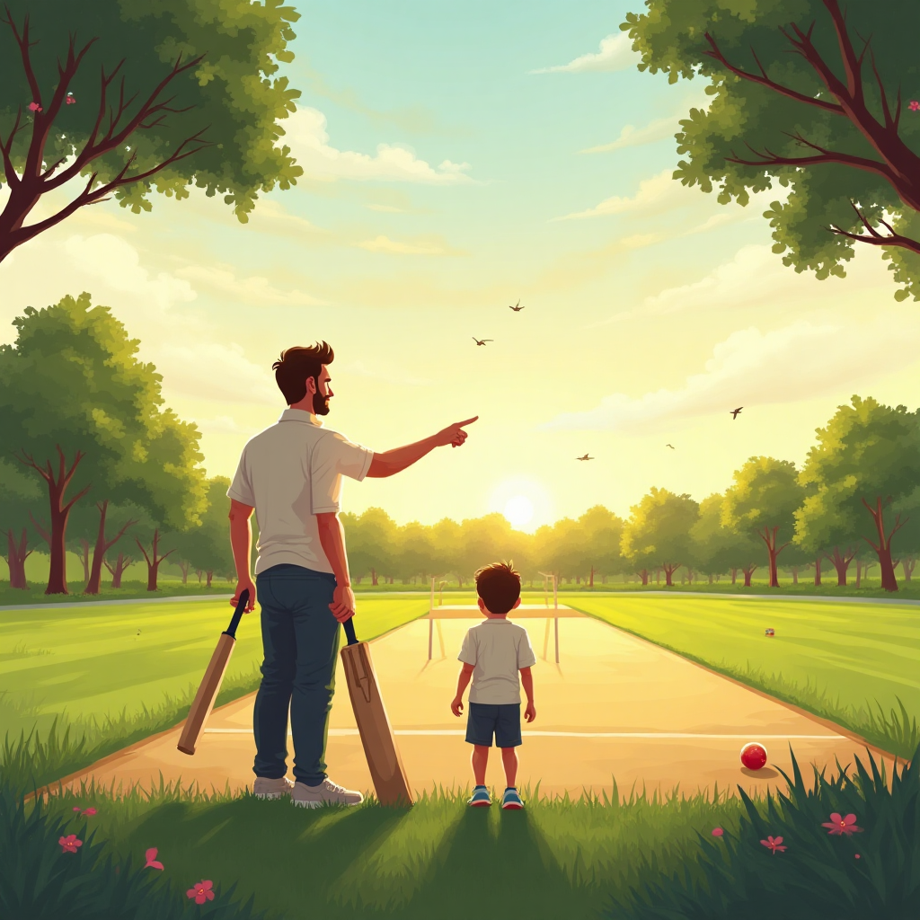 At the top of the Illustration Style image, place the text: "Happy Father's Day".

**Image Prompt:**

Imagine a serene cricket field bathed in the warm glow of a late afternoon sun. In the foreground, a father and child stand side by side, each gripping a cricket bat. The father, with a gentle smile, points out to the open field, perhaps explaining the intricacies of the game. The child looks up with admiration, hanging on every word. Behind them, a lush green pitch stretches out, with wickets neatly arranged and a ball lying nearby, hinting at a recent game. Surrounding the field, majestic oak trees offer shade, their leaves rustling gently in the breeze. The sky above is a tapestry of pastel hues, as if painted with delicate brush strokes, capturing the essence of a perfect day spent bonding over the love of cricket.
Generated with these themes: Cricket, and .
Made with ❤️ by AI.