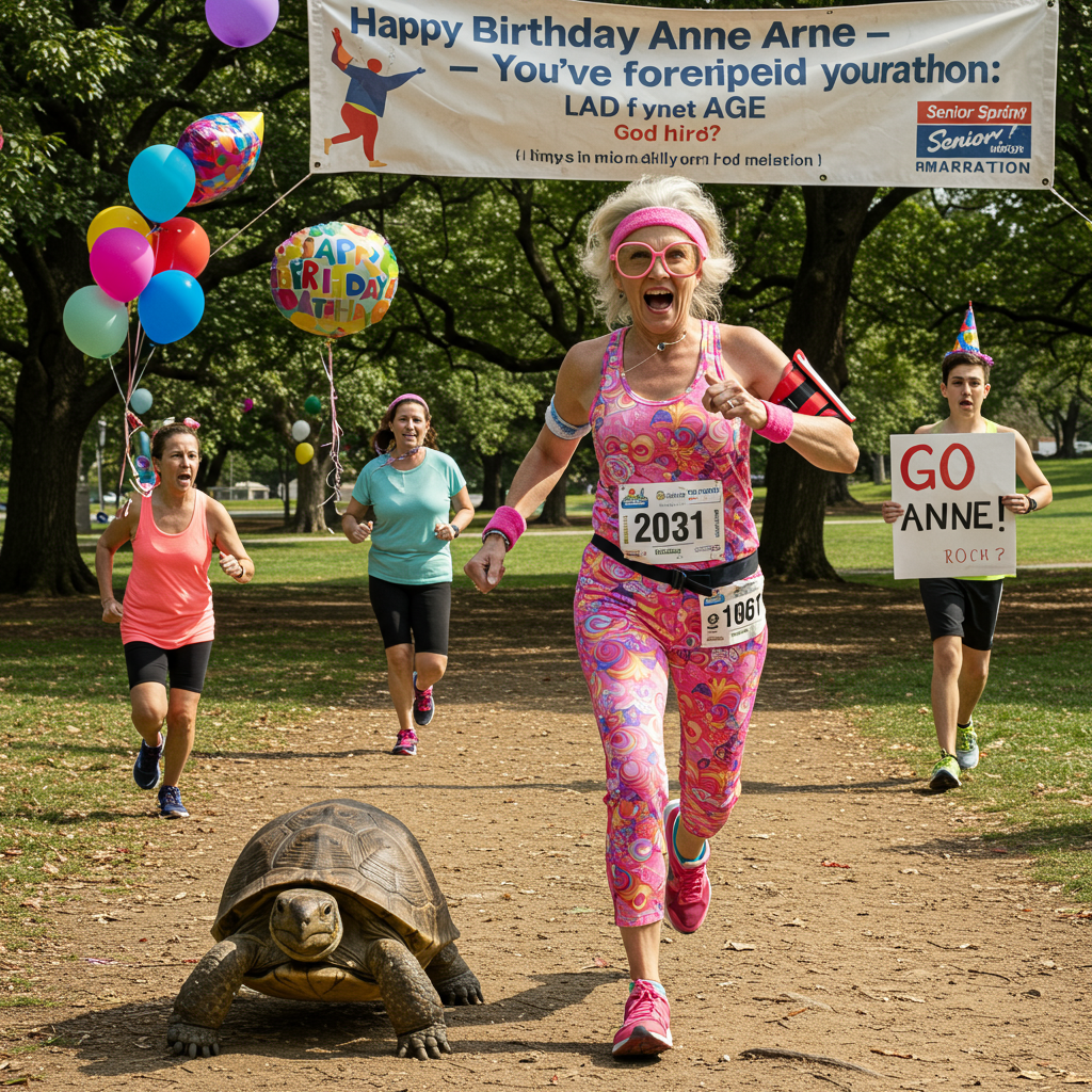 **Prompt:**  
At the top of the realistic photograph image, *Happy Birthday Anne — you've officially lapped your age!*

A humorous, hyper-realistic photo of an older woman mid-jog (played by Anne), wearing vibrant mismatched activewear, sweatband, and giant retro sunglasses. She's enthusiastically jogging with a look of over-the-top determination while clearly being outrun by a turtle wearing tiny sneakers beside her. In the background, birthday balloons are tangled in tree branches, and a confused bystander holds a “GO ANNE!” sign upside down. A few other joggers (younger, clearly struggling) are in the distance trying to keep up. The setting is a sunny park with a “Senior Sprint Marathon” banner flapping comically overhead.
Generated with these themes: Jogging.
Made with ❤️ by AI.