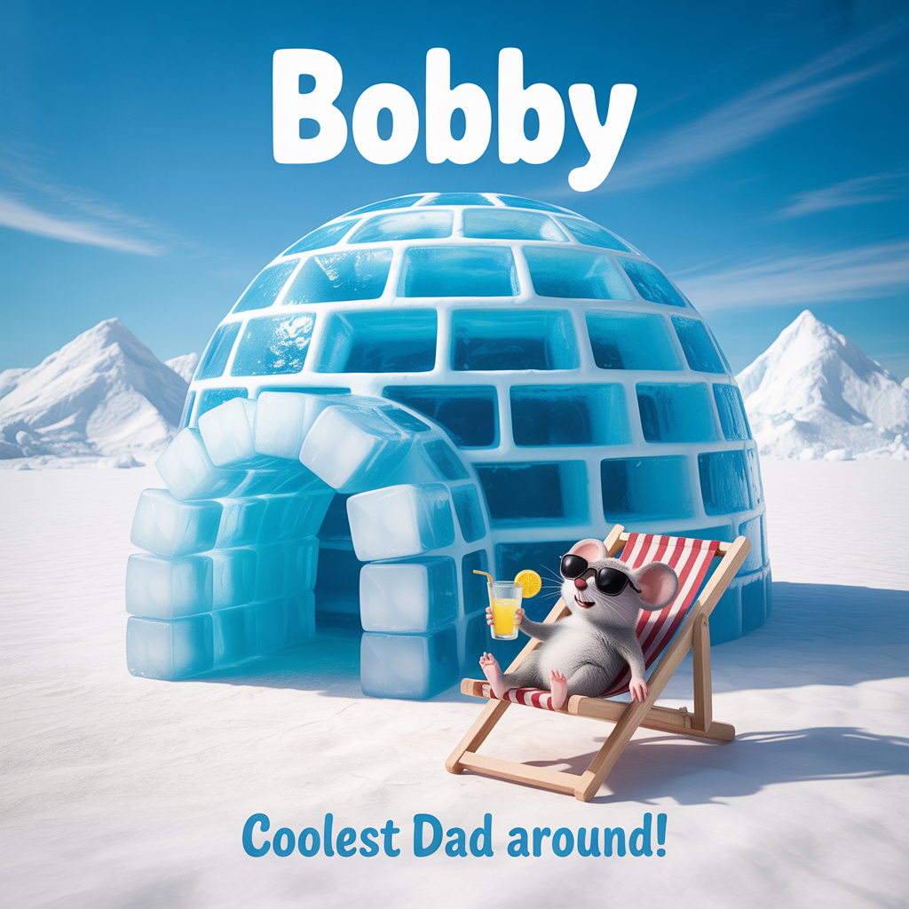 At the top of the image, "Bobby":

At the bottom of the image, "Coolest Dad Around!"

- Create a comical scene of an igloo made entirely of ice cubes, with a tiny mouse sporting sunglasses lounging on a deck chair in front of it, sipping a mini lemonade.
Generated with these themes: Ice, Ice cube , Igloo, Mouse, and .
Made with ❤️ by AI.