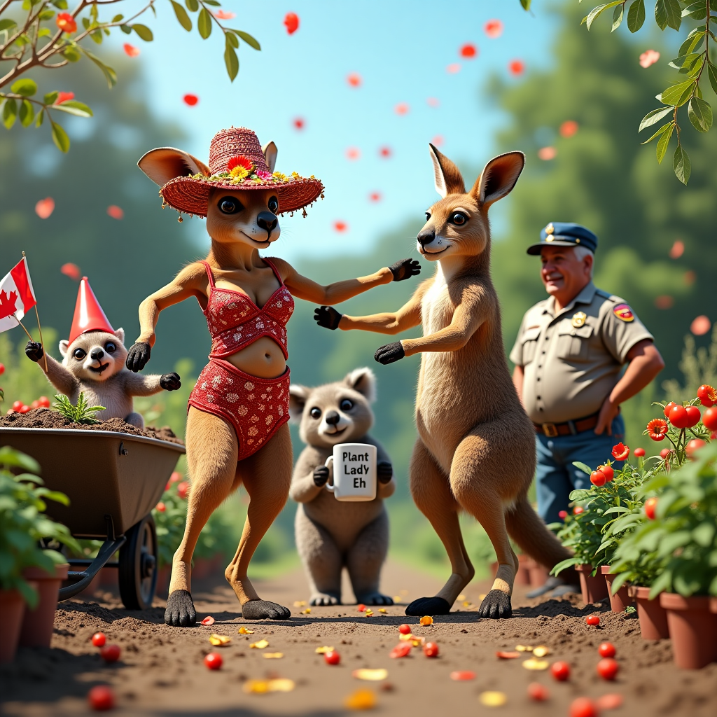**Image Prompt:**  

At the top of the realistic photograph image, "Happy Dirtday, Mirella — You’ve tangoed into full bloom!"  

A hilariously realistic scene shows two kangaroos in sparkly salsa outfits performing a Latin dance routine in the middle of a Canadian backyard garden. One wears a miniature gardening hat covered in dirt and tiny flowers, while the other kicks a leg up in a perfect dance pose next to a gnome waving a tiny Canadian flag. A koala lounges in a wheelbarrow, holding a trowel and sipping from a mug that says “Plant Lady, Eh?”. Behind them, a Mountie and a sunburned Aussie farmer awkwardly cha-cha with tomato plants for partners, surrounded by wildly overgrown flowerbeds that resemble a botanical dance floor. The sky is blue, the veggies are judging everyone, and confetti made of maple leaves and eucalyptus rains down from above.
Generated with these themes: Latin Dancing, Gardening, Australia, and Canada.
Made with ❤️ by AI.