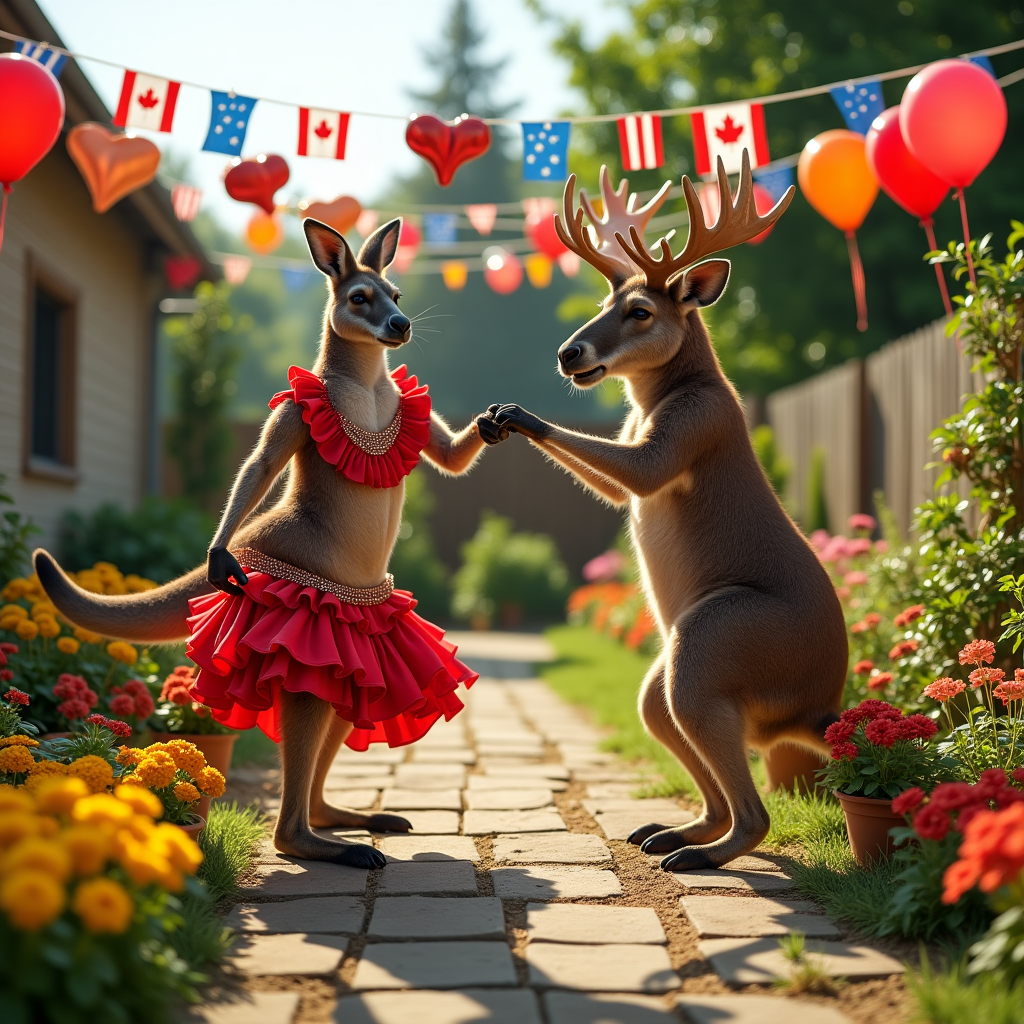 At the top of the realistic photograph image: "Mirella, Happy Birthday — Let’s tango through the tomatoes, eh mate?!"

**Prompt for the image (realistic photograph style, funny mood):**

A hilarious, high-resolution photograph of a backyard garden turned dance floor, split into two zones representing Canada and Australia. On one side, a flamboyant kangaroo in a ruffled Latin dance outfit dips dramatically with a garden rake as its dance partner; behind it, a small veg patch labeled “Outback Salsa” features jalapeños wearing tiny sombreros. On the Canadian side, a moose in sparkly tango heels leads a spinning waltz with a potted maple sapling, next to a bed of “Poutine Petunias” and tomatoes shaped like Mounties. In the background, a clothesline strung with maracas, watering cans, and national flags flutters over a sunlit scene of garden beds and dancing feet. Bright balloons float by shaped like Latin instruments. The vibe is absurdly joyful, earthy, and celebratory — blending gardening, Latin flair, and national charm.
Generated with these themes: Latin Dancing, Gardening, Australia, and Canada.
Made with ❤️ by AI.