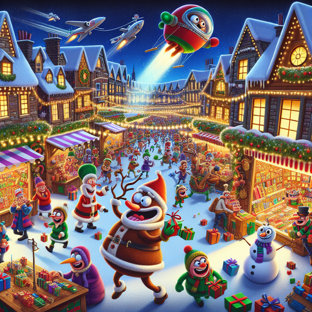 A bustling Christmas market in the center of a whimsical cartoon village sets the scene. Among the colorful stalls adorned with lights and tinsel, an assortment of zany cartoon characters, including a reindeer with a red nose that blinks on and off, are mingling and exchanging gifts. An overly excited snowman is seen hilariously struggling to wrap a present with his twig arms, while a Santa with a jetpack instead of a sleigh zooms overhead, dropping gifts that parachute down to the laughing crowd.
Generated with these themes: game.
Made with ❤️ by AI.
