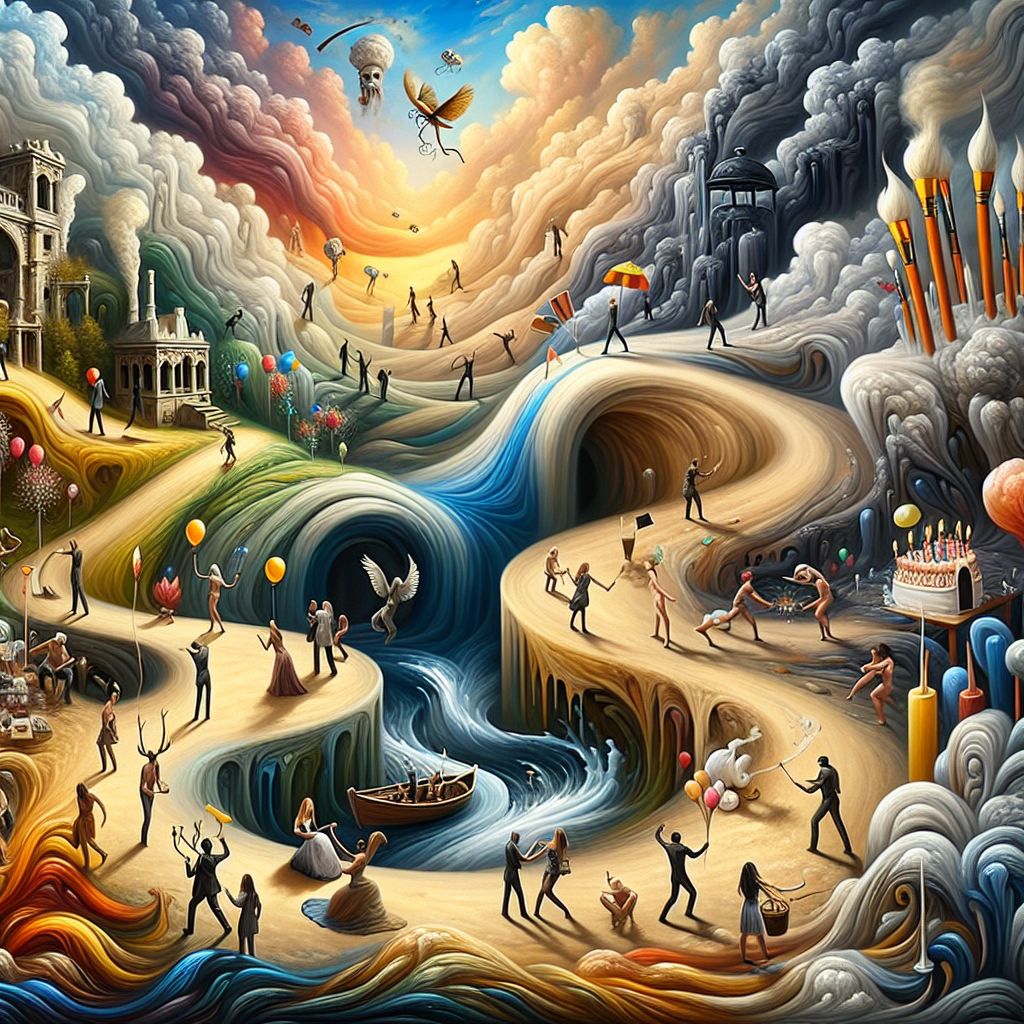 Depict a fascinating birthday tableau set against backdrop influenced by historical war scenes seamlessly dissolving into the surrounding landscape, signifying the inexplicable combination of the abstract and surreal. The odour of beer is pervasive, symbolizing a river flowing beneath a bridge, while couples of different descents and genders engage in quiet conversations, celebrating the eternal rhythm of love and intimacy. Visitors of various descents and genders follow a winding path that curves back onto itself, bordered by paintbrushes sprouting from the earth resembling unusual plants. Above, climbers, embodying a wide array of descents and genders, ascend through clouds mirroring thick oil paint, their movements crafting strokes on the sky's canvas. Each component harmoniously intertwines art and experience, creating a surreal palette reflecting the diverse spectrum of life's vast canvas.
Generated with these themes: War, history, beer, sex, walking, climbing, painting,  art.
Made with ❤️ by AI.