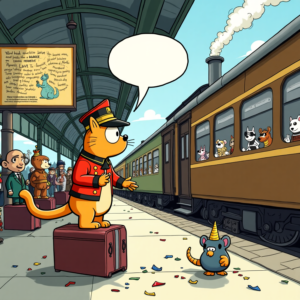 In the farewell scene, we see a bustling train platform, inspired by Charles Schulz's knack for portraying everyday scenarios with warmth and humor. At the center is a cartoon ginger cat named GeneralGinge, adorned in a comically oversized military general's uniform complete with a tiny plastic sword and an oversized hat that flops over one eye, a nod to Walt Disney's playful character designs. GeneralGinge is standing on a suitcase, addressing a motley crew of animated passengers including a small robot with a perplexed expression, a clear nod to Osamu Tezuka’s Astro Boy, and a dinosaur wearing reading glasses and holding a magnifying glass, evoking Gary Larson’s absurdist humor. In the background, a panda juggling suitcases adds a Bill Watterson-esque touch of whimsy.

Hergé’s influence is seen in the clean lines and vibrant colors that bring the scene to life, especially the detailed architecture of the train station, reminiscent of European terminals with their grand arches and ornate clocks. A billboard in the background features a comic strip by R. Crumb, showing a surreal, humorous take on farewell parties. On the platform itself, an old-fashioned steam train, styled with a Winsor McCay-esque dreamlike quality, is ready to depart, its windows filled with waving cartoon animals, each with their unique expressions.

GeneralGinge is mid-speech, a speech bubble overhead filled with a jumble of nonsensical farewell phrases and doodles, reflecting Art Spiegelman’s intricate, layered storytelling. The floor is littered with confetti and streamers, echoing a party recently celebrated, with a stray party hat perched atop a surprised-looking mouse, who’s peeking out from under a bench, a detail that Will Eisner might have appreciated for its story-within-a-story charm. This detailed, vibrant scene captures the joyful chaos of farewells, with every element contributing to a sense of celebration and humor.
Generated with these themes: GENERALGINGE.
Made with ❤️ by AI.