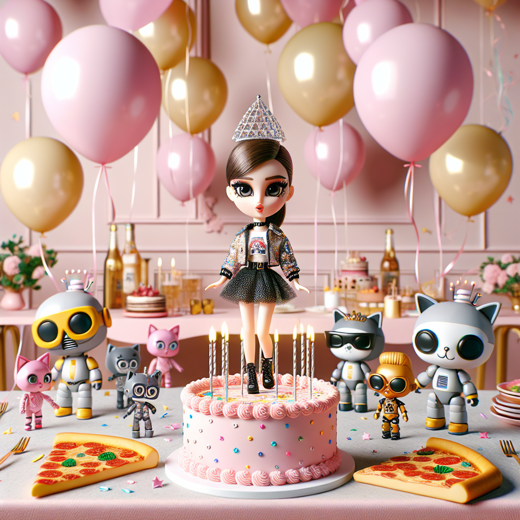 The scene is filled with the joy of a birthday party, where a group of helium balloons float in the sky above a festively laid out table. In the center of the party, a charming birthday cake has the figure of a stylish doll in trendy clothing, surrounded by playful cartoon characters that resemble robots, while cartoon-like cats with playful expressions prance around slices of pizza.
Generated with these themes: Barbie, Roblox, Pizza, and Cat.
Made with ❤️ by AI.