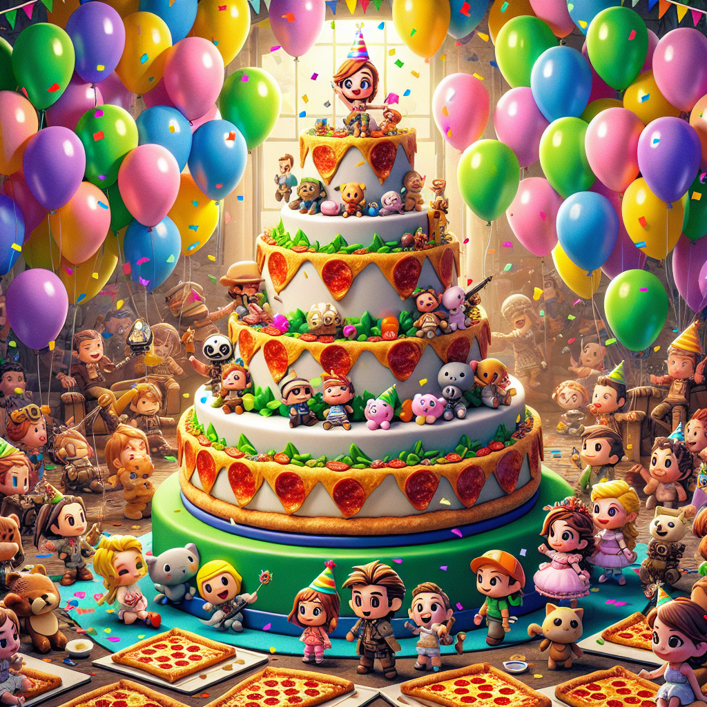 A lively cartoon scene is showing a birthday gathering, encircled by a multitude of vibrantly colored balloons. At the center of the event is a spectacular three-tiered cake, playfully decorated with miniature dolls, adventure game characters, and charming cats playfully hiding behind pieces of pizza topped with pepperoni slices. The air is filled with cascading confetti, adding to the cozy, celebratory atmosphere.
Generated with these themes: Barbie, Roblox, Pizza, and Cat.
Made with ❤️ by AI.