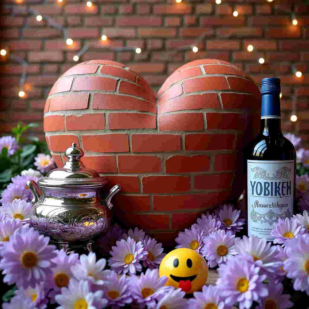 Front and center, imagine a humorous and lifelike Valentine's Day scene bursting with intricate details. In the foreground, place a gigantic brick heart, its surface rugged and reddish-brown, contrasting starkly against a vibrant white and purple floral backdrop. The flowers, a mix of daisies and violets, bloom extravagantly, their petals vividly realistic with soft lavender hues and bright white accents.

To the left of this monumental heart, position an ornate, traditional Russian samovar, gleaming with silvery chrome finish and intricate engravings, casting a playful reflection of the surrounding flora. Resting beside the samovar, place an oversized bottle of vodka, its label in Cyrillic script, flaunting a frosted glass exterior and capped with a deep indigo top, subtly nodding to Russian culture.

Overhead, weave a playful pattern of twinkling fairy lights, their warm glow adding a sprinkle of whimsy to the scene. To tie the whole scene together, scatter a few strategically placed emoji cutouts—large, yellow, and cheeky, with one sticking its tongue out playfully—dotted around the composition.

In the background, envision a weathered, red brick wall towering majestically, providing an earthy, textured contrast to the vibrant floral elements and the sleek metallic sheen of the samovar and vodka bottle. The scene, peppered with these elements, creates a riotously colorful and whimsically cringeworthy tableau perfect for a uniquely funny Valentine's Day greeting card.
Generated with these themes: 😋, White and purple, Flowers, Extra cringe , Brick big, Something Russian, and Vodka .
Made with ❤️ by AI.