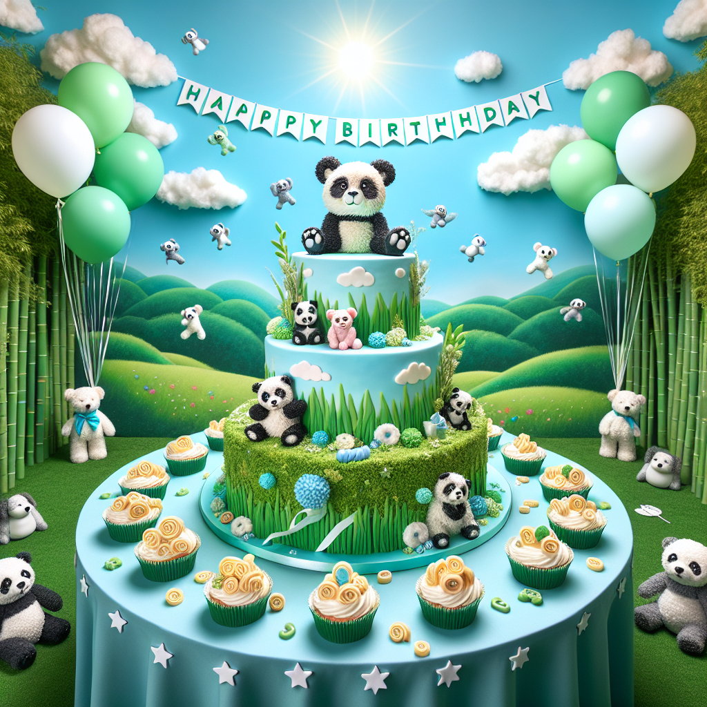 Visualize a birthday celebration taking place in a vibrant green meadow, under a cloud-dotted clear sky, the bright sun gleaming warmly. In the middle, imagine a large circular table adorned with a sky-blue star-patterned tablecloth. On the table is a three-layer birthday cake with icing color transitioning from white to green, representing the surrounding landscape. Cute icing pandas are climbing the cake, with a chubby, festive panda sitting at the top. Beside the cake lies a group of cupcakes, each hosting a miniature sugar poodle showing detailed fur textures. Noodle-like candy garnishes surround the cupcakes. Visualize green and white helium balloons fluctuating in air, secured by ribbons to small bamboo stalk replicas, amplifying the natural ambiance. Around the table, see stuffed toys of pandas and poodles appearing as party guests, each holding bowls filled with noodle-shaped confetti.
Generated with these themes: Panda, White poodle, and Noodles.
Made with ❤️ by AI.