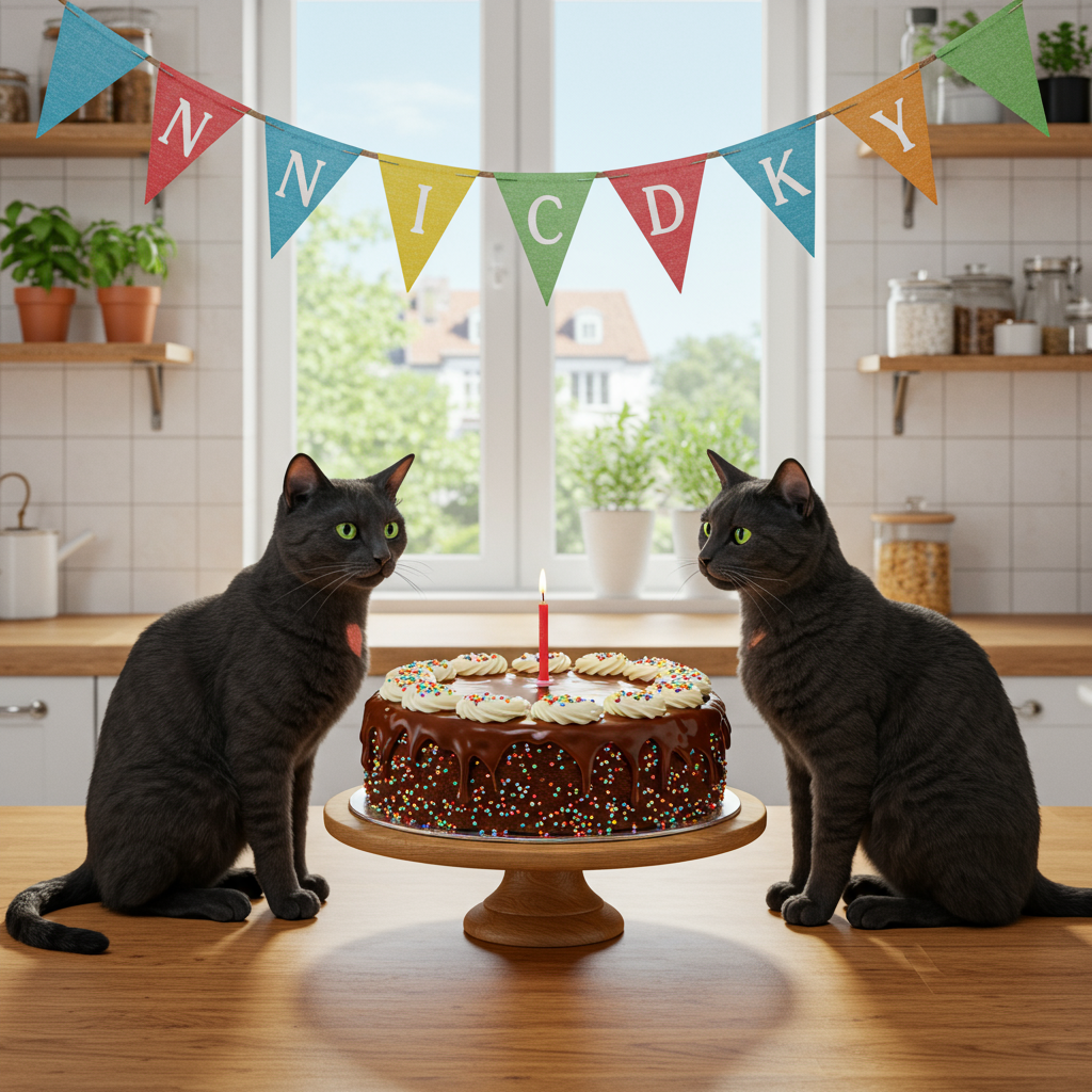 Front and center of the card, picture a round birthday cake resting on a wooden kitchen table. The cake is a rich chocolate brown with a glossy ganache topping, adorned with a single vibrant red candle in the middle. Frosted along the cake's sides are white buttercream swirls with sprinkles of multicolored confetti, adding pops of blue, green, and yellow.

Two sleek, shiny black cats with their fur reflecting hints of light sit on either side of the cake. Their eyes are bright green, with one cat sitting upright, its tail gracefully curling around the base of the cake stand, and the other cat is slightly leaning forward, sniffing curiously at the candle.

Above the scene, a colorful pennant banner stretches across the top of the card. Each triangular pennant features a different color from the cake's confetti – red, blue, yellow, green, and orange. The name "NICK" is spelled out across four of these pennants in bold, white capital letters.

The background depicts a cozy kitchen setting with white tiled walls, a sunlit window partially visible, and simple wooden shelves with potted herbs. Through the window, a glimpse of a clear blue sky and a hint of lush green leaves from a tree add to the lifelike detail of the scene.
Generated with these themes: 2 black cats around a birthday cake.
Made with ❤️ by AI.
