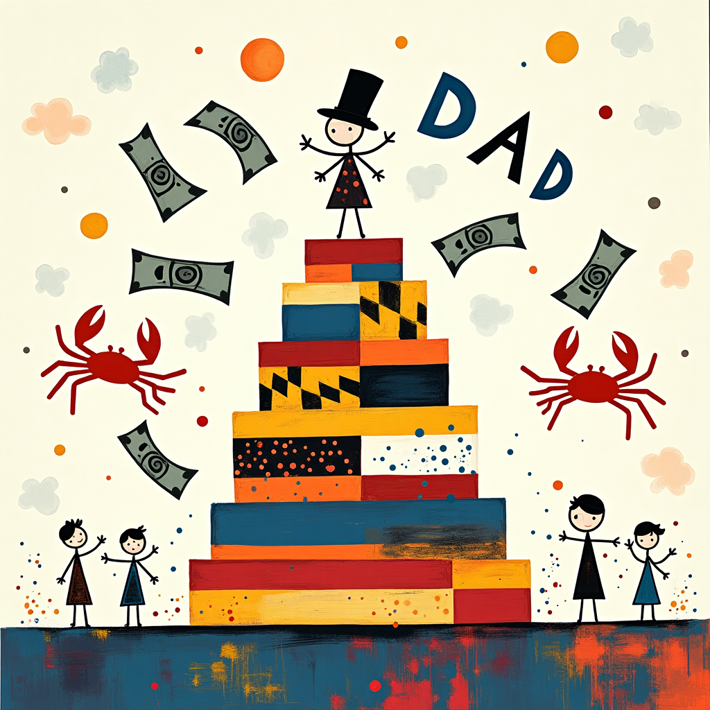 In the center of the card, a large, abstract cake made up of vibrant, geometric shapes inspired by Mondrian’s color blocks stands tall. Its tiers are divided by stripes of rich blues, radiant reds, and cheerful yellows, each with splashes of Pollock-style splatters. Perched atop the cake, instead of a typical candle, there's a stick figure wearing a top hat, juggling wads of cash in playful arcs. Each bill, colored in a kaleidoscope of swirling hues like Twombly’s scribbles, creates a dynamic sense of motion. In the background, the Maryland flag is reimagined with Rothko-inspired soft gradients, its cross and heraldic designs blending into a surreal skyline. Scattered throughout the scene are minimalist stick figures engaging in a lively parade, some balancing on abstract interpretations of Maryland's famous blue crabs, drawn in Miró's whimsical style. In the sky, amidst Richter-like smudges and streaks, the word "Dad" is spelled out in fluffy clouds shaped like de Kooning’s gestural strokes. The entire scene is framed with Martin's delicate, repetitive linework, suggesting an endless horizon of celebration and creativity.
Generated with these themes: Money, Stick figure, and Maryland.
Made with ❤️ by AI.