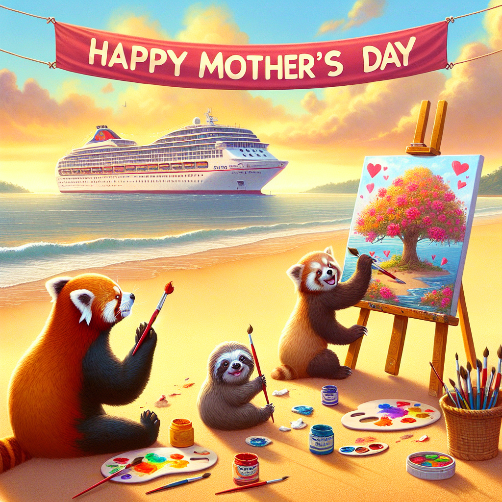 Visualize a heartwarming scene depicting a large cruise ship, stationed off the coast, with banners reading 'Happy Mother's Day' waving in the sea breeze. Depict a golden, sunlit beach in Costa Rica where an unusual sight ensues: cuddly red pandas and sloths engaging in a charming art activity. They each hold small brushes, dabbed in various hues, as they work on a large canvas resting on the sand. Illustrate the creation on the canvas as a bursting spectrum of love and warmth, marked with paw-printed hearts and abstract strokes, epitomizing the soothing and nurturing nature of a mother's love.
Generated with these themes: Cruise, Costa Rica , Red pandas, Sloths, and Painting.
Made with ❤️ by AI.