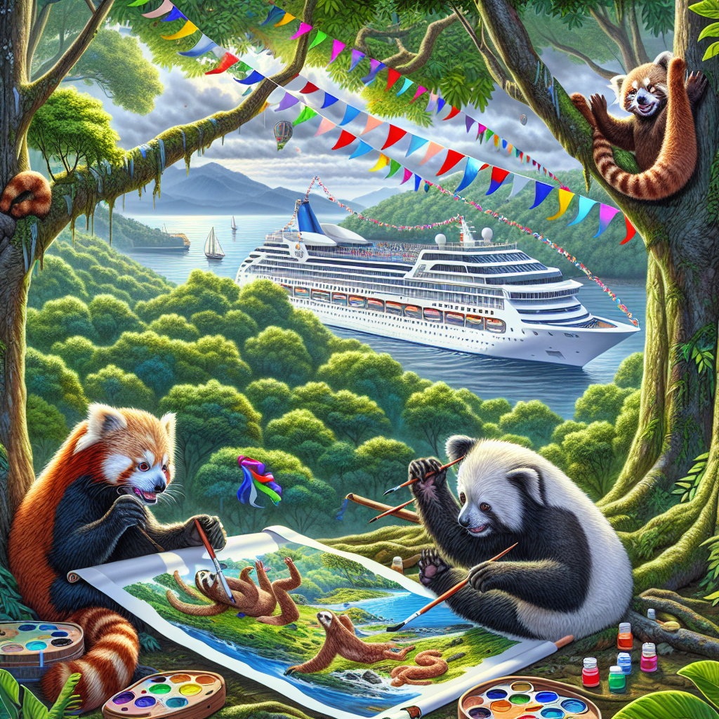 Create an image that portrays a scenic tableau set in Costa Rica, abundant with lush greenery. A cruise ship is visible in the distance, it's festively decorated with streamers to commemorate Mother's Day. Playful red pandas can be seen high up in the tree branches, unrolling banners, while slow-moving sloths are on the forest floor. They dip their paws into paint palettes, adding unique touches to a communal canvas lying on the ground. The artwork-in-process on the canvas is a vibrant and colorful tribute to motherhood, with joyful expressions captured artistically.
Generated with these themes: Cruise, Costa Rica , Red pandas, Sloths, and Painting.
Made with ❤️ by AI.