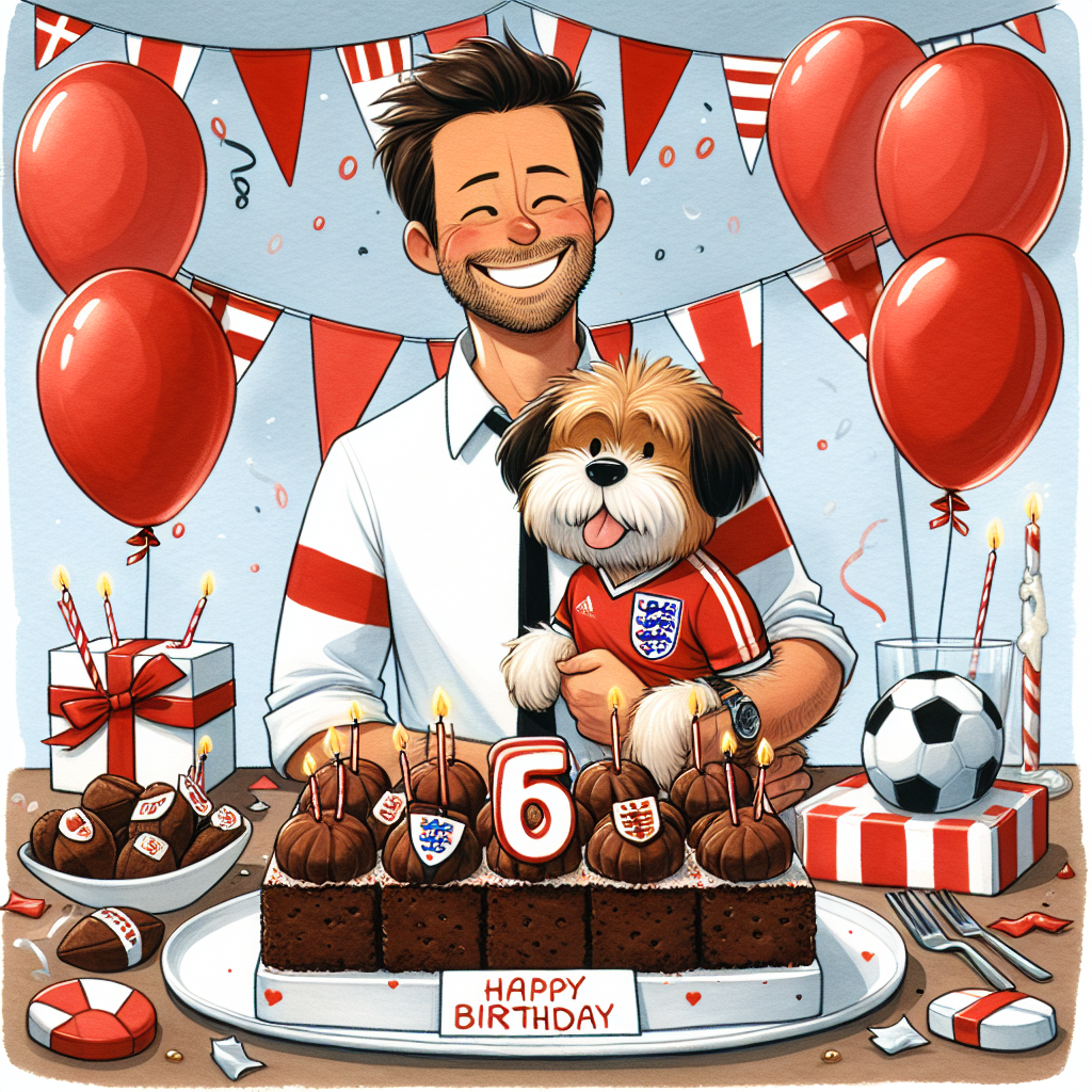 Create an intimate birthday setting centered around a dad who is an avid fan of an English football team. He is smiling warmly, dressed in a red and white football jersey, with a fluffy small-to-medium dog of mixed breed playfully tugging at the hem of his shirt. Bubbly balloons and festive streamers in red and white color scheme are strewn around, reflecting the colors of his favorite football team. The birthday table is joyously decorated with chocolate brownies molded into the shape of footballs, and a generic superhero-themed birthday cake strewn with familiar heroic insignias. A humorous touch is added to the scene by a whimsical cartoon caricature of a smart-looking office worker, wearing his signature mustard yellow shirt and black tie.
Generated with these themes: Dad, Arsenal, Cockerpoo, Brownies, Marvel, and Dwight shrute .
Made with ❤️ by AI.