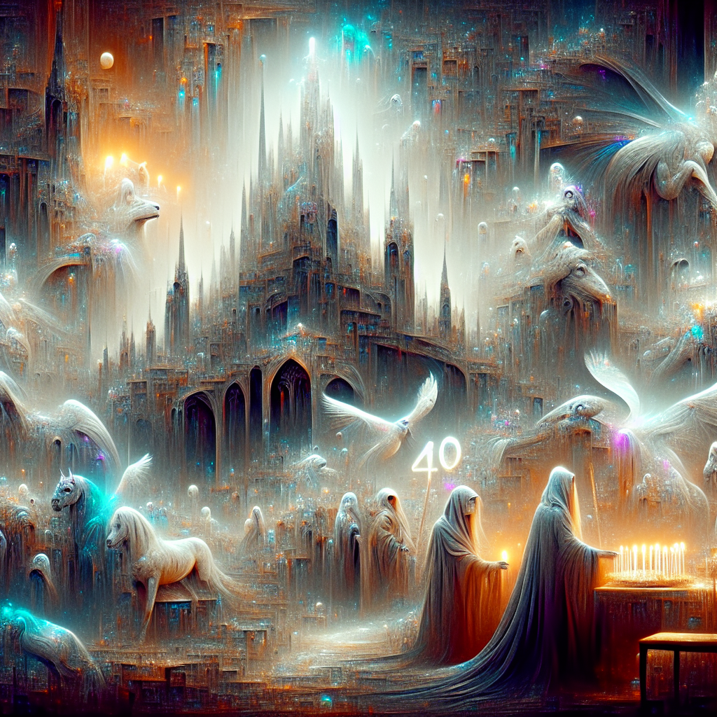 Visualize an atmospheric birthday scene where the abstract meets the traditional. Set in a backdrop of towering gothic architecture, a Middle-Eastern female witch is engaged in an unusual ritual to usher in a 40th birthday. Ethereal creatures, including both familiar animals and transcendent creatures of myths, wander the vicinity, their forms morphing and contorting enigmatically, as if borne from the heart of the witch's magic. The surroundings vibrate with an otherworldly ambiance, metamorphosing the event into an extraordinary amalgamation of celebration, life, and mysticism.
Generated with these themes: Witchcraft, 40, Animals, and Gothic.
Made with ❤️ by AI.