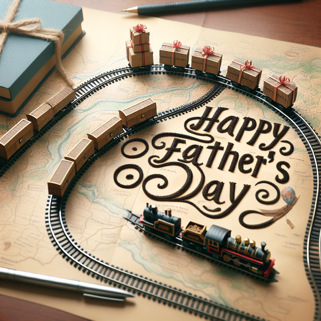 Create a fantastical Father's Day illustration showing a small model train making its way along tracks that are drawn on top of a map. This train tracks form the phrase 'Happy Father's Day' in sophisticated cursive writing throughout the uneven landscape. Each compartment of the train is transporting a unique mini gift, signifying the exciting voyages and experiences a child shares with their father, emotionally united, even when physically separate.
Generated with these themes: Trains, and Maps.
Made with ❤️ by AI.