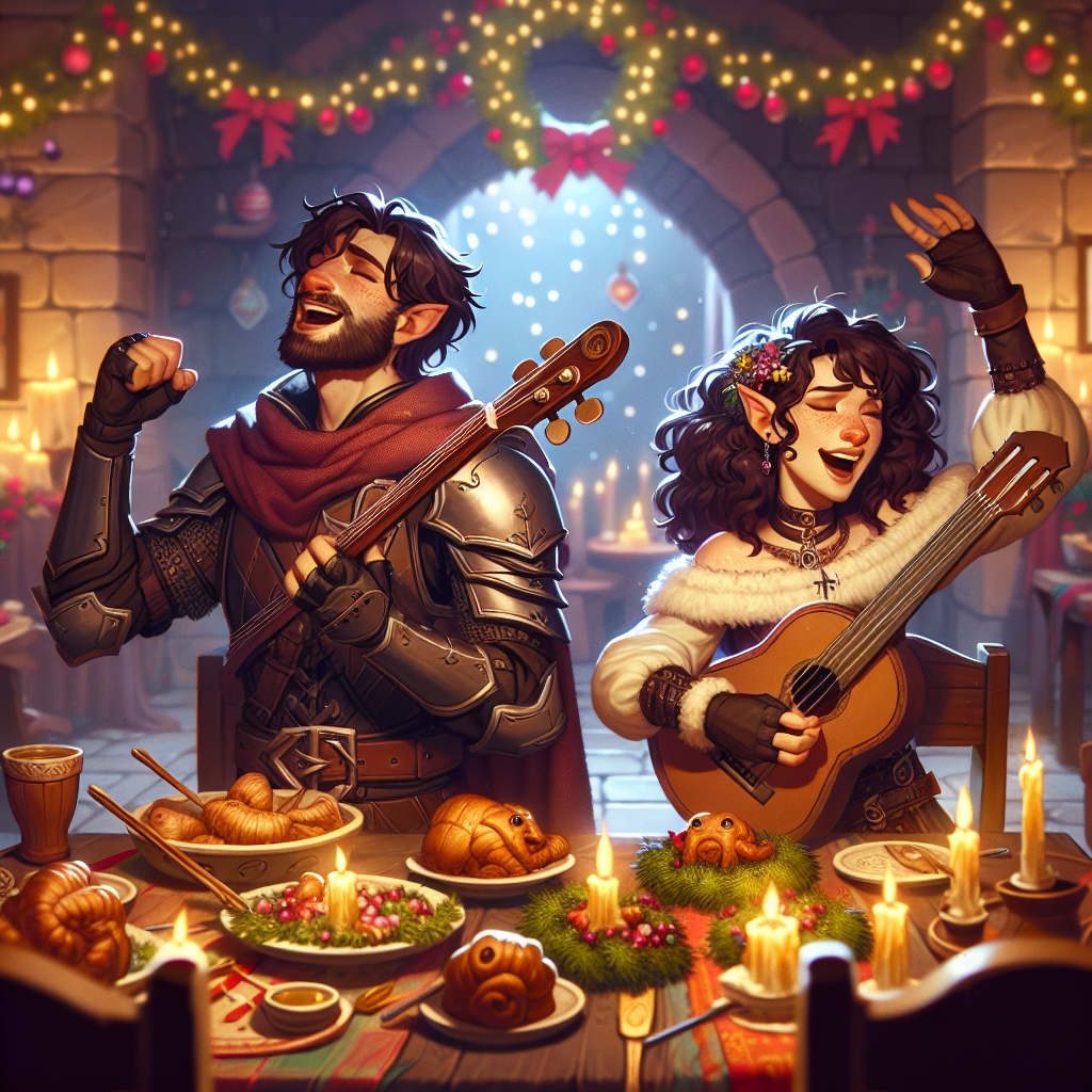 This delightful illustration casts you and your boyfriend as DnD characters in a Yuletide celebration. In a cozy inn adorned with Christmas garlands, both characters rejoice over a birthday feast. Your boyfriend's features, including his dark brown hair, small beard, and mustache, are detailed on his warrior's expression, while you, with your luscious dark brown curls, are depicted as a bard, instrument in hand, with vibrant notes and birthday wishes filling the air.
Generated with these themes: Make a birthday card with my boyfriend and I as DnD characters. He had got dark brown hair and a small beard and moustache. I have dark brown curly hair. , and Dnd.
Made with ❤️ by AI.