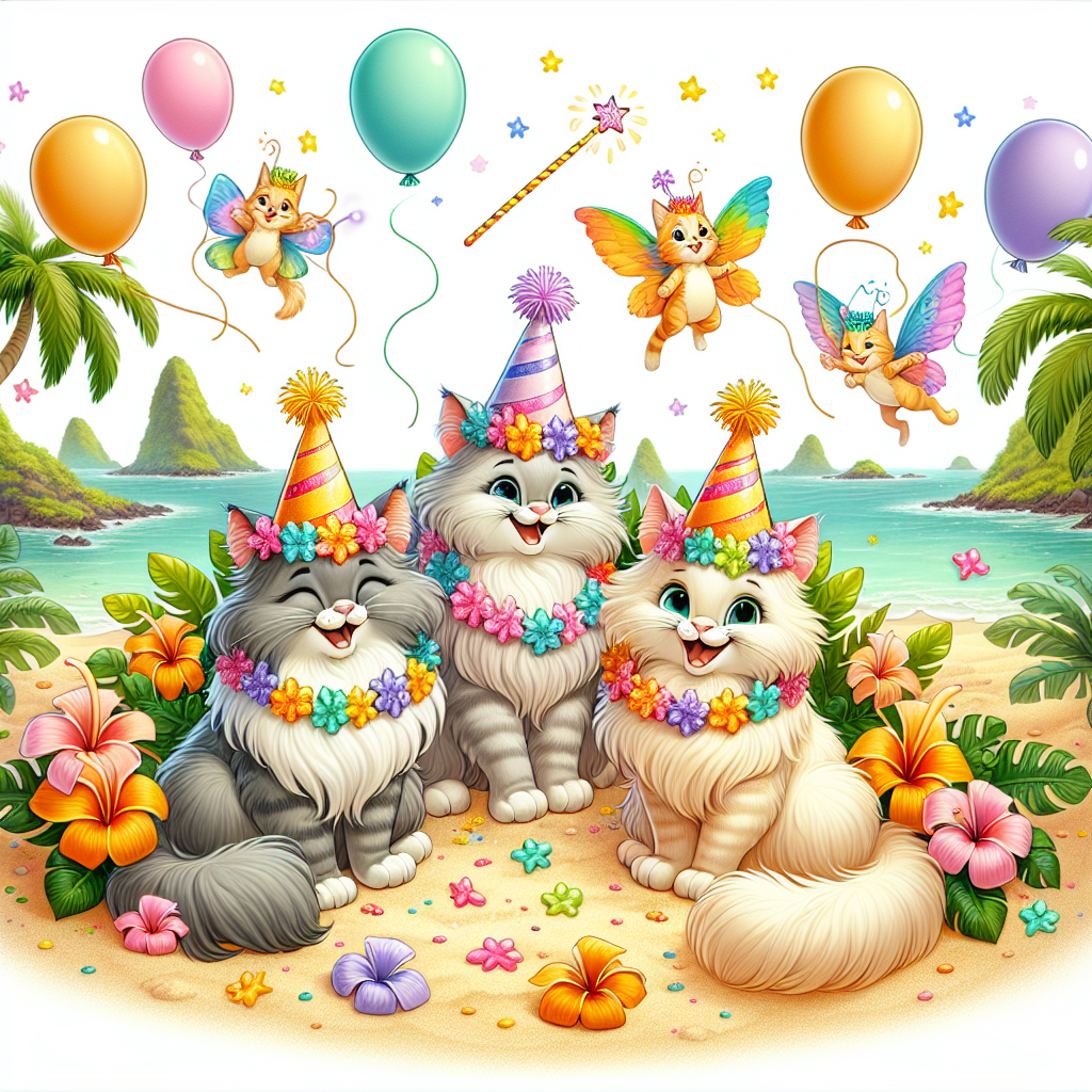 Visualize a cute, whimsical cartoon birthday theme set at a rendering of Hawaiian beaches. Our main characters are three enchanting cats – a grey Ragdoll, a ginger Maine Coon, and a cream Maine Coon. Each cat sports a sparkly party hat. The cats frolic and play amidst the tropical flora, bedecked with colorful flowery leis. Floating in this island paradise are generic, cartoonish balloons. Intertwining with the charming atmosphere are references to a classic fantasy realm with wands and floating books, which add an extra layer of magic to the jubilant birthday celebrations.
Generated with these themes: Grey Ragdoll cat, Ginger Maine coon cat, Cream Maine coon cat, Hawai’i , Disney, and Harry Potter.
Made with ❤️ by AI.