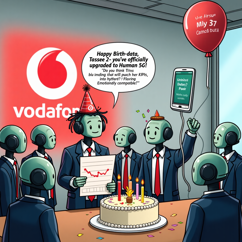 **Prompt:**

At the top of the cartoon image, write: **"Happy Birth-data, Tassee 2 — you’ve officially upgraded to Human 5G!"**

Cartoon-style image: A cheeky, futuristic tech office with humanoid robots in suits crowded around a birthday cake that looks like a giant Wi-Fi router. Tassee 2 is a cartoon character with wires coming out of their head like hair, wearing a Vodafone-branded party hat and holding a sales chart that’s literally exploding with confetti. In the background, a giant red Vodafone logo is projected holographically on the wall. One robot whispers, "Do you think this birthday will push her KPIs into hyperspace?" Another holds a gift-wrapped charging cable labeled “Unlimited Data Plan – Emotionally Compatible.”  

Funny mood, filled with little Easter eggs like robot interns filming a TikTok, and a balloon shaped like a smartphone with 37 missed calls.
Generated with these themes: Technology and sales focus, and Red Vodafone logo.
Made with ❤️ by AI.