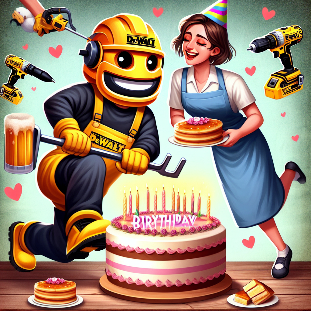 Depict a comforting and affectionate illustration that depicts a birthday theme. The scene is warm, made enchanted by the humorous personification of Dewalt tools celebrating joyously. Engaging in a cheerful mid-kick pose, there's a mascot from a popular football team. In the very middle of the scene, there's a caricature depiction of a woman, who could be anyone's girlfriend, tenderly holding a birthday cake. In the background, there's an animated version of a cooking enthusiast resembling a character from a video-based cooking channel, skillfully flipping pancakes. It's a delightful culinary element that adds a festive twist to the assembly.
Generated with these themes: Dewalt tools, Leeds united, Me (his girlfriend), and Andy cooks (youtuber).
Made with ❤️ by AI.
