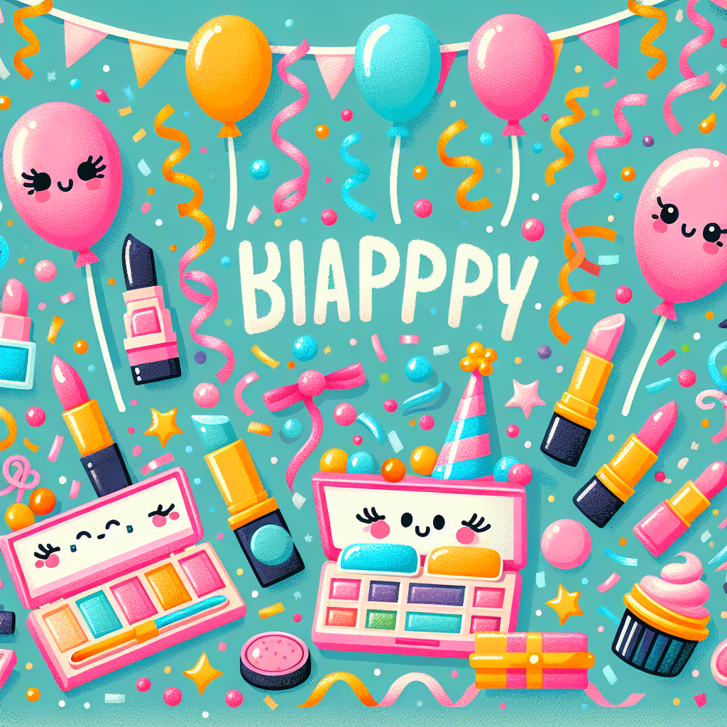 Create an image of a cheerful and playful birthday card illustrated in a cute vector style. The picture represents a whimsical party scene made up of bright, pastel colors. In this vibrant scenario, streamers and confetti create a festal atmosphere. The scene uniquely features various anthropomorphized makeup items including blushes, eyeshadow palettes, and lipsticks each donning a smiling face and a party hat. To further emphasize the birthday theme, include balloons floating around these makeup items.
Generated with these themes: Make up.
Made with ❤️ by AI.