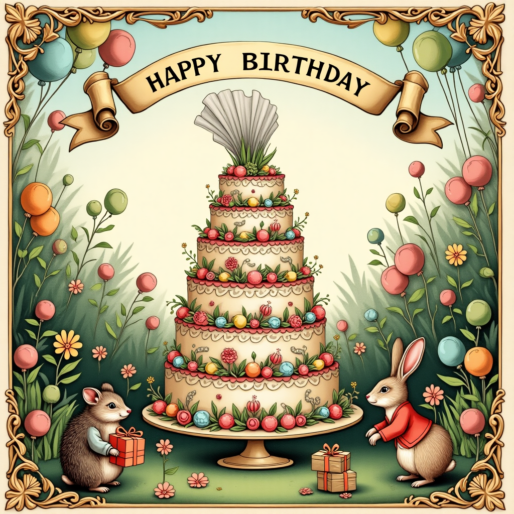 The front cover of this quirky and detailed birthday card is a captivating, hand-drawn tableau with an imaginative and unexpected twist. Imagine a fantastical birthday party set in a whimsical, Victorian-inspired garden scene reminiscent of the detailed linework of Aubrey Beardsley and the enchanting storytelling of Arthur Rackham.

At the center of the scene is an elaborate birthday cake, towering like an ornate cathedral, with layers upon layers of intricate piping and whimsical decorations that would make Beatrix Potter smile. The cake is adorned with delicate sugar flowers and tiny mythical creatures — think fairies and gnomes with features detailed enough to echo Maurice Sendak's illustrative prowess.

Piercing through the top layer of the cake is a tiny, theatrical veil made of translucent, shimmering fabric. It floats as though caught by a gentle breeze, its edges tinged with pastel colors that resemble a dawn sky, drawing inspiration from Maxfield Parrish's dreamy palettes.

In the background, a vibrant garden teems with oversized flowers, each petal drawn with meticulous attention to detail, echoing the rich textures of N.C. Wyeth's natural scenes. Dotted among the flowers are playful animals in the style of Quentin Blake, with exaggerated expressions and dynamic poses. A small hedgehog clutches a brightly wrapped present, while a rabbit, dressed in an Edwardian waistcoat, attempts to balance a precariously stacked pile of gifts.

High above, a banner unfurls across the sky, delicately suspended by colorful balloons. Written in an elegant, flowing script is the name "Melissa," its letters echoing the intricate embellishments of Gustave Doré's engravings.

The edges of the card are lined with an intricate border reminiscent of Edward Gorey's delightful yet macabre style, adding a layer of quirky detail that frames the joyous chaos within.

The entire scene is rendered in a rich palette of jewel tones—emerald greens, sapphire blues, and ruby reds—contrasted by soft pastels and hints of metallic gold, all brought to life with the fine detailing and expressive lines characteristic of Norman Rockwell's storytelling artistry.
Generated with these themes: Pierce the veil.
Made with ❤️ by AI.