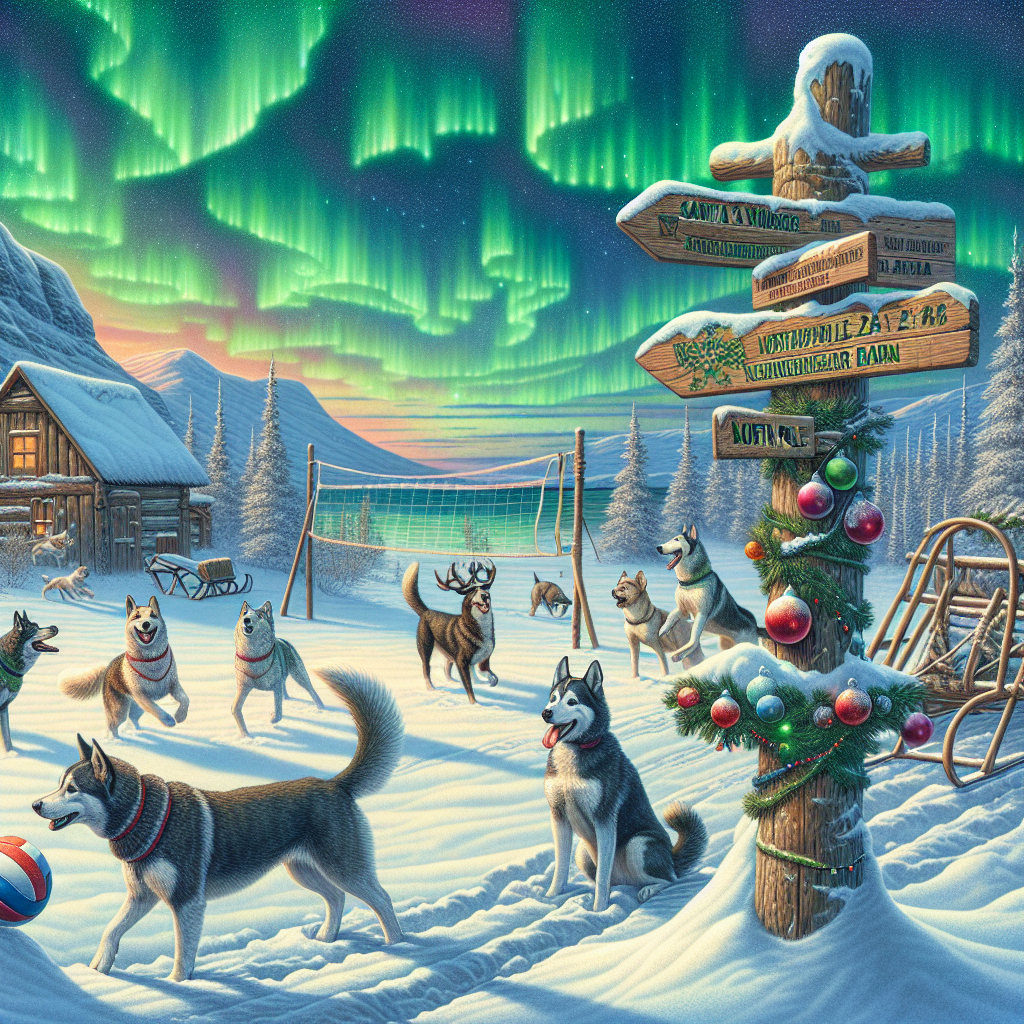 Illustration of an Arctic setting where sled dogs are seen playing with a volleyball under the Northern Lights, with a rustic Christmas signpost in the foreground.
Generated with these interests: Dogs, Arctic, and Volleyball.
Made with ❤️ by AI.