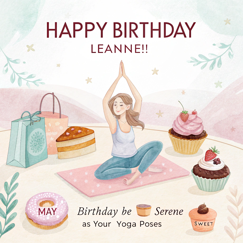 Baking, shopping, yoga, walking, watching soccer, and Birthday Card