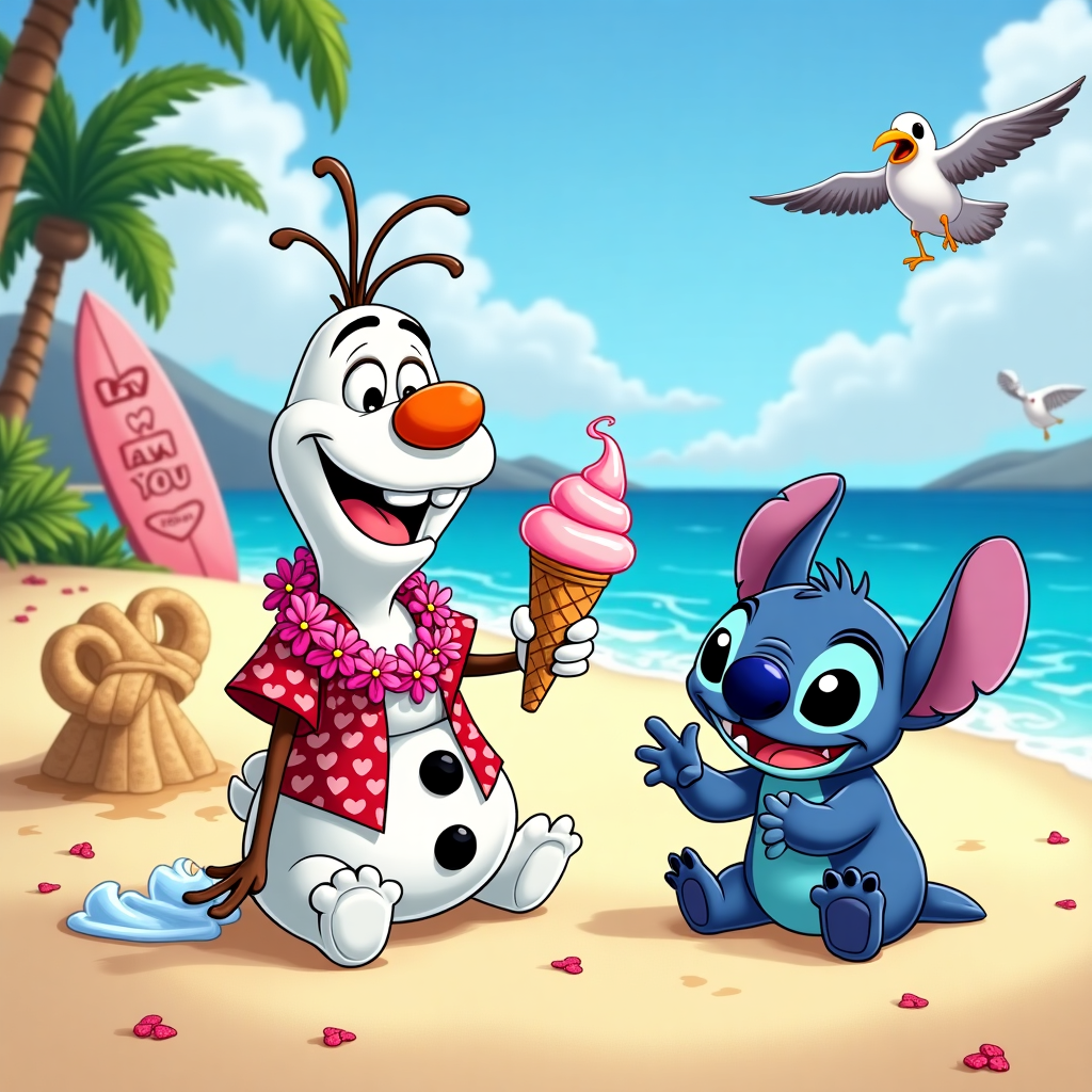 **Image Prompt:**

At the top of the cartoon image, it says: *"Sydney, You MELT my circuits and STEAL my snacks — Happy Valentine’s Day!"*

Cartoon-style image: Olaf (from Frozen) wearing a heart-patterned Hawaiian shirt and flower lei, sitting on a sunny tropical beach. He’s holding a giant ice cream cone that’s starting to melt onto his stick hand. Next to him, Stitch (from Lilo & Stitch) is grinning mischievously, halfway through stealing Olaf’s melting ice cream with his tongue.

Behind them, the beach is littered with funny romantic mishaps: a sand sculpture of Olaf and Stitch holding hands shaped like a heart, a seagull trying to woo another with a shiny wrapper, and a surfboard with “Lava you forever” scribbled in hearts.

Olaf’s expression is happy-confused, Stitch’s is adorably guilty, and the whole image pops with playful, vibrant colors and hilarious Valentine's chaos.
Generated with these themes: olaf and stitch.
Made with ❤️ by AI.