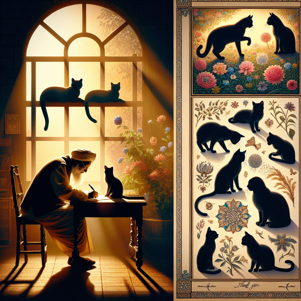 Picture a tranquil room, bathed in the warm hues of an evening sun setting. Silhouetted black cats sit elegantly perched on a window ledge, casting long shadows across the room. Their unwavering gaze is fixed upon a garden beyond, filled with a variety of blooming flowers, each representing growth and gratitude. An elderly figure of South Asian descent is stationed at a wooden desk, a worn pen held delicately in their hand. Bending over a piece of parchment, they draw an intricate 'Thank You' card. The images depicted surround the text, showcasing the graceful felines in a range of poses, some resting and others engaged in merry play.
Generated with these themes: Black cats.
Made with ❤️ by AI.