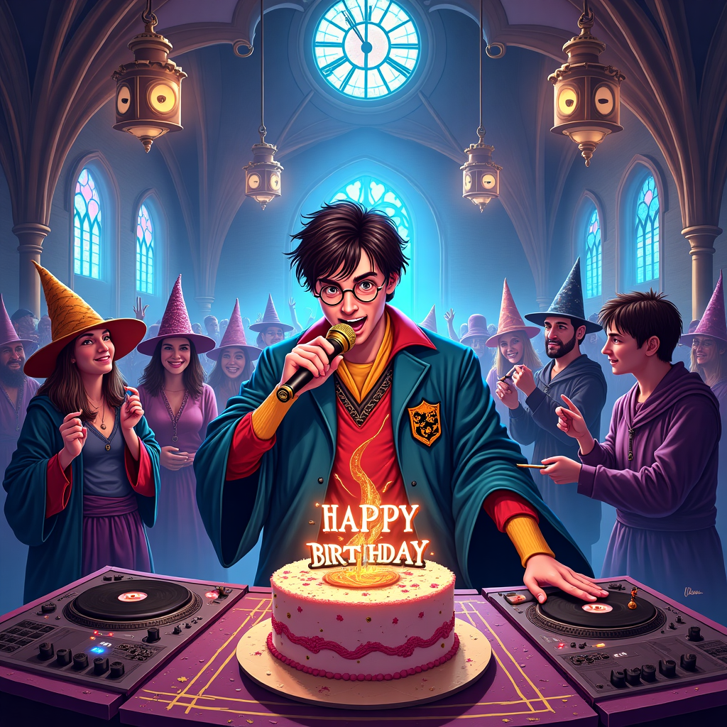 In this surreal birthday-themed illustration, imagine a vivid, eccentric club in the heart of England, transformed into a mystical rave with Harry Potter at the turntables. The club is a fusion of classic English architecture, with gothic arches and stained glass windows casting colorful, kaleidoscopic patterns across the dance floor. Harry, the iconic wizard, is donned in an eye-catching ensemble, combining his signature Hogwarts robes with a modern twist—sparkling sequins and patches glowing under the pulsating lights. His round glasses reflect the swirling lights, and a mischievous grin spreads across his face as he shouts into a golden microphone, "HAPPY BIRTHDAY GEORGE!"

The crowd is an eclectic mix of club-goers, dressed in vibrant, surreal costumes inspired by the magical world. Some wear wizard hats with tiny glowing orbs, others have wands with light trails painting the air. Floating above, enchanted speakers levitate, blasting a rhythmic drum and bass beat that resonates through the enchanted room. Spellbinding smoke weaves through the crowd, reflecting dazzling lights and creating ethereal shapes that mimic mythical creatures like dragons and phoenixes.

In the foreground, a whimsical birthday cake stands atop a levitating, ornate table. The cake is decorated with swirling patterns resembling spells, topped with miniature broomsticks and quidditch hoops, all magically moving. A clock in the background ticks, its hands shaped like wands, adding to the sense of enchantment. Along the walls, banners drape with "Happy Birthday George" written in the shimmering ink of the Marauder's Map, constantly shifting and rearranging itself. The scene captures a fantastical fusion of magic and music, a testament to the unique celebration led by the boy who lived.
Generated with these themes: Harry potter is the  DJ at a drum n bass rave in england uk club, and Harry potter is shouting 'HAPPY BIRTHDAY GEORGE' to the crowd.
Made with ❤️ by AI.