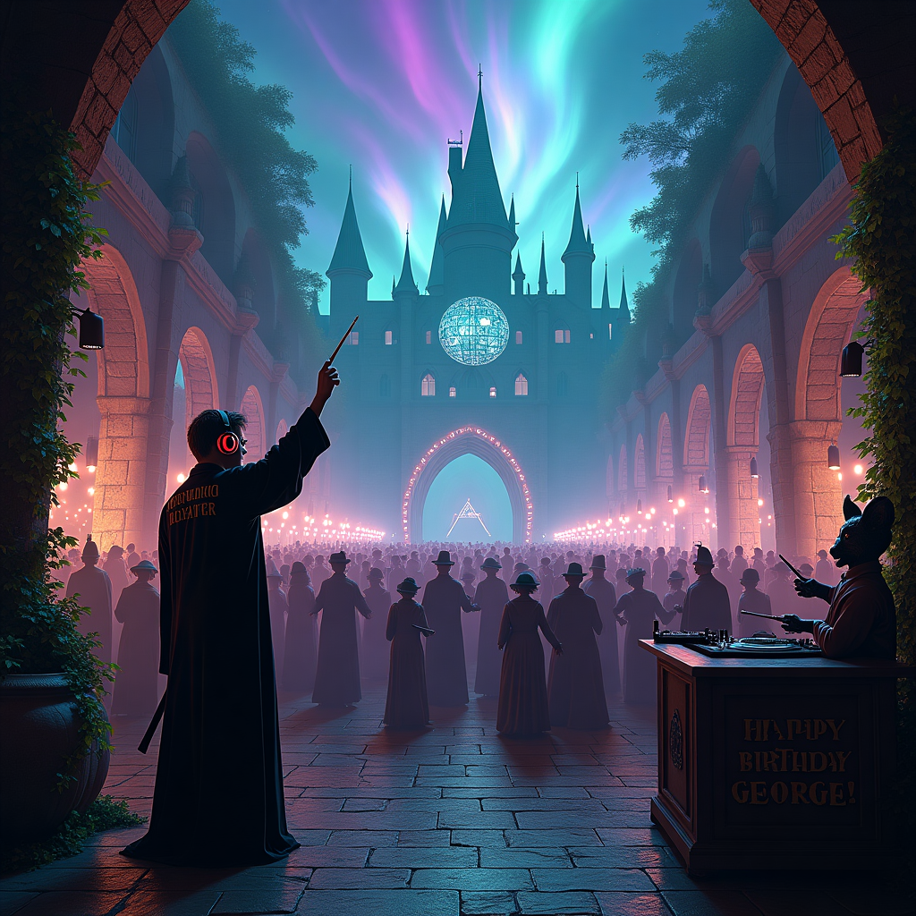 Under a sky swirling with hues of electric purple and emerald green, reminiscent of a dreamlike Aurora Borealis, stands an ancient stone club reminiscent of Hogwarts architecture, its walls alive with ivy tendrils that shimmer with their own bioluminescence. The entrance is flanked by two gargoyle bouncers, one holding a wand instead of a clipboard. Inside, the scene is a fantastical cacophony where wizardry meets the rave culture. The dance floor is pulsating like a living creature beneath the beat of throbbing bass, glowing in sync with the rhythmic spell of the DJ's magic. Harry Potter, looking both familiar and oddly modern in a pair of enchanted DJ headphones that hover just above his ears, stands behind a turntable, which is a transfigured cauldron, swirling with smoke and flashing lights. His wand doubles as a microphone, and he raises it high as he shouts, "HAPPY BIRTHDAY GEORGE!" to the ecstatic crowd, a diverse mix of magical creatures and Muggle ravers alike. The walls of the club are lined with enchanted portraits of iconic wizarding figures, all animated and nodding in rhythm. Above, a disco ball spins, composed of a thousand tiny Golden Snitches that send flecks of light darting across the room. Overhead, enchanted banners ripple without breeze, spelling out "Happy Birthday" in luminous, wiggling letters. In the midst of the crowd, a group of house-elves on stilts weave between dancers, offering trays of colorful potion-like drinks, their hats lit with sparkling enchantments. Nearby, a dragon DJ's booth, decorated with a tapestry of the Marauder's Map, looms majestically, its eye winking playfully at the crowd every so often. In this surreal union of magic and music, the birthday celebration unfolds as a feast for the senses, vivid and alive with the enchantment of both worlds.
Generated with these themes: Harry potter is the  DJ at a drum n bass rave in england uk club, and Harry potter is shouting 'HAPPY BIRTHDAY GEORGE' to the crowd.
Made with ❤️ by AI.