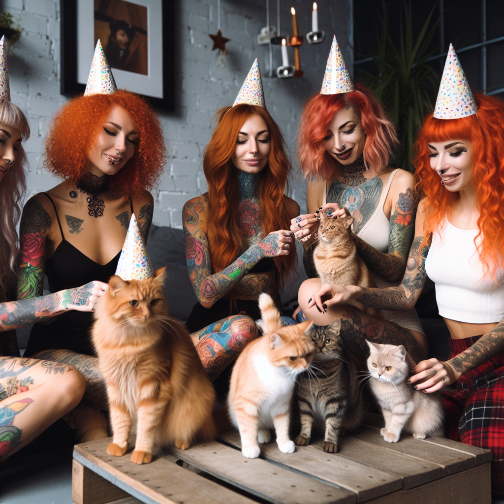 Imagine an intimate birthday party in a cozy room. Tattooed ladies, a mix of Caucasian, Hispanic, Black, Middle-Eastern, South Asian and White, each with vibrant, ginger locks, mingle and chit-chat. They are accompanied by their feline friends who are curiously toying with their miniature birthday caps. There's a mix of playfulness and joy in the air from the purring cats and the merry chatter of their human companions, creating a heartwarming scene of a unique celebration.
Generated with these themes: Ladies with tattoos, Ginger hair, and Cats.
Made with ❤️ by AI.